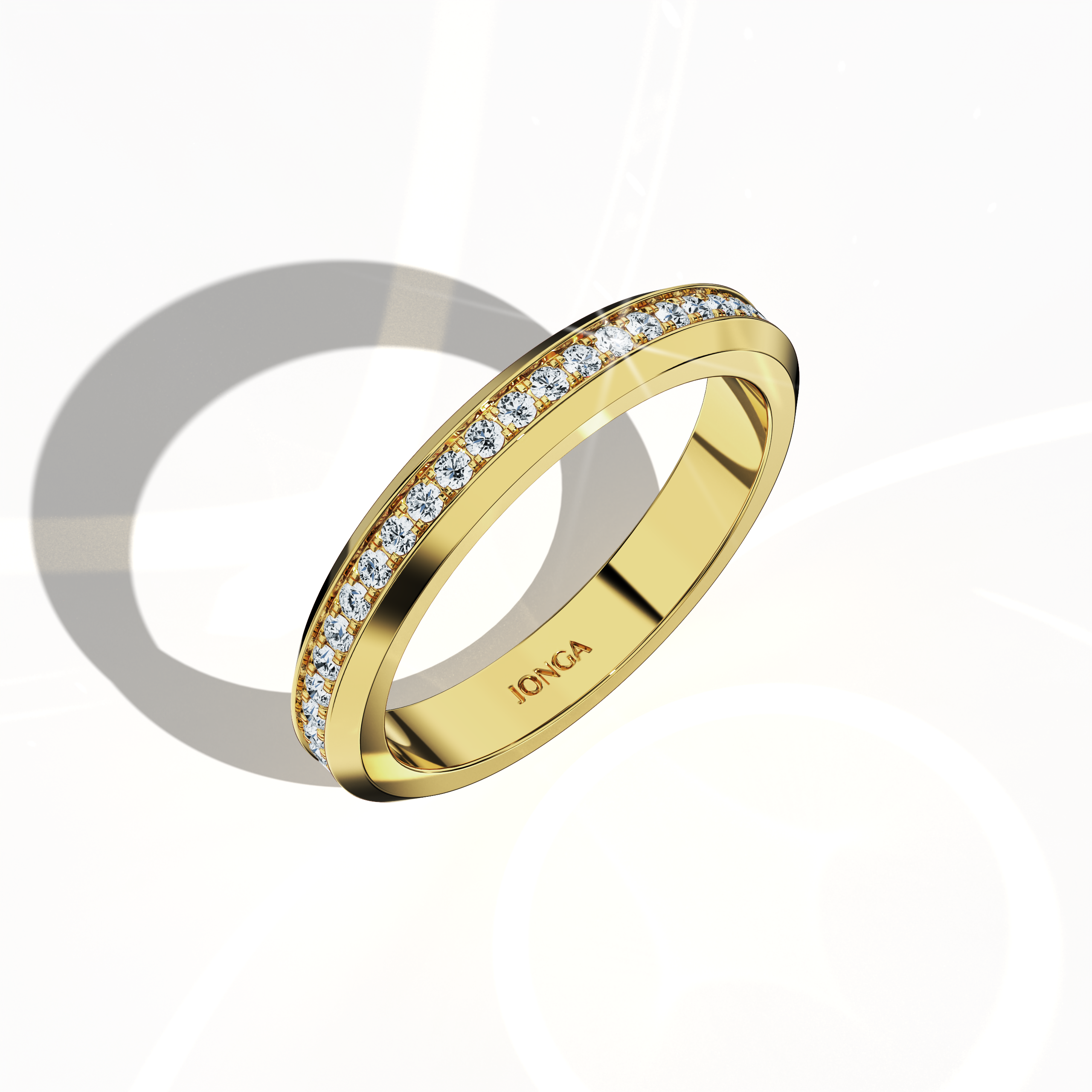 Striking image of a жёлтое золото paved band showcased from a standing front top side perspective. The ring’s central design, featuring pavé, full pave, scattered pave, and cluster pave techniques, is rendered in vibrant жёлтое золото often termed “classic gold” or “rich gold.” Its glossy finish accentuates smooth contours and meticulous detailing, merging timeless craftsmanship with modern luxury. Keywords: elegant, refined, contemporary, intricate, luxurious design.