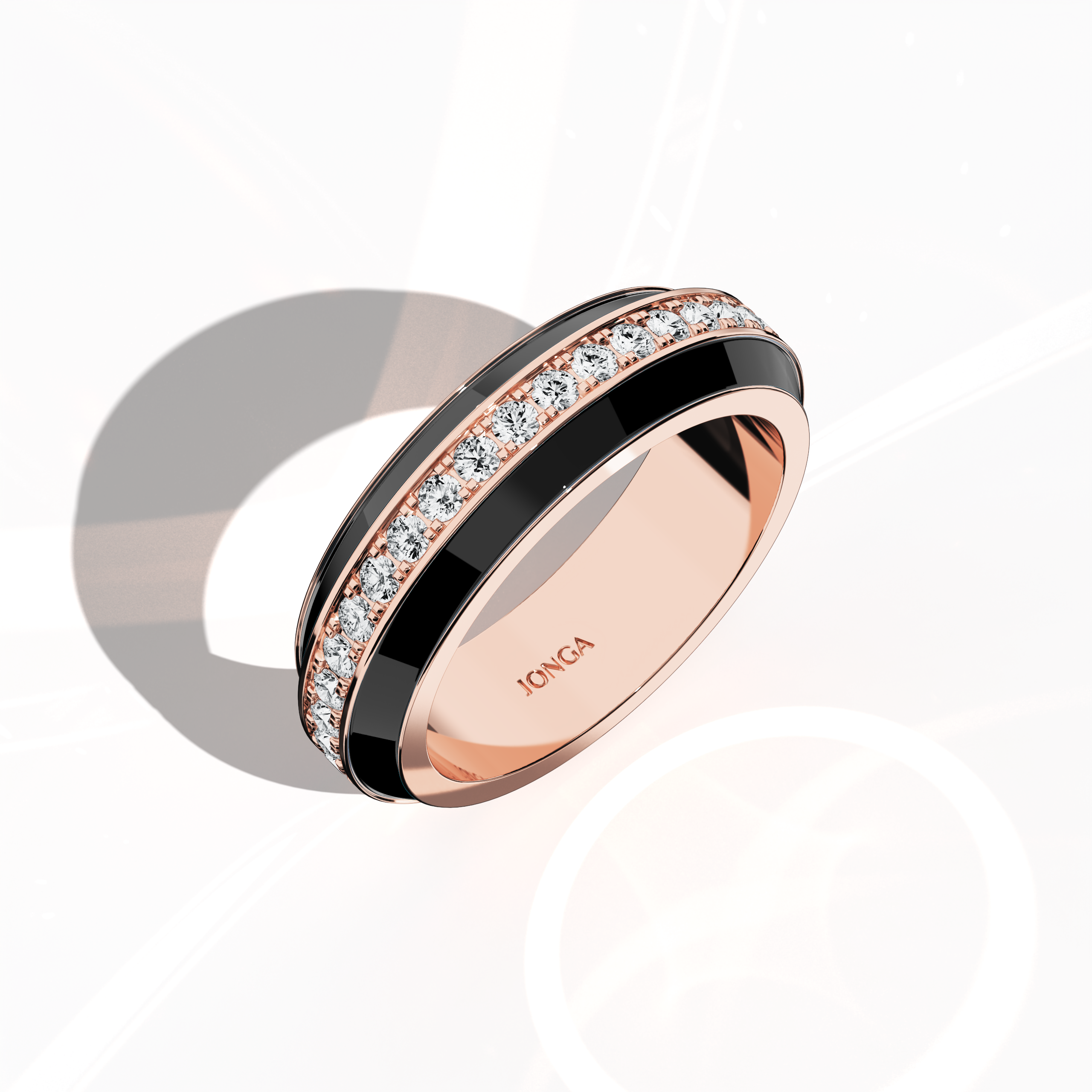 Admire the stunning profile of this розовое золото ring enhanced by bold black glossy enamel and an up to 1 carat diamond paved in the center line. Viewed from a standing front top side angle, the elegant pave band—termed Eternity Pave, Pavé Chic, and Carat Pave—displays intricate diamond pavé work that accentuates the glowing warmth of розовое золото. This designer piece combines contemporary flair with timeless luxury.
Keywords: enamel, diamond, pave, designer, luxury.