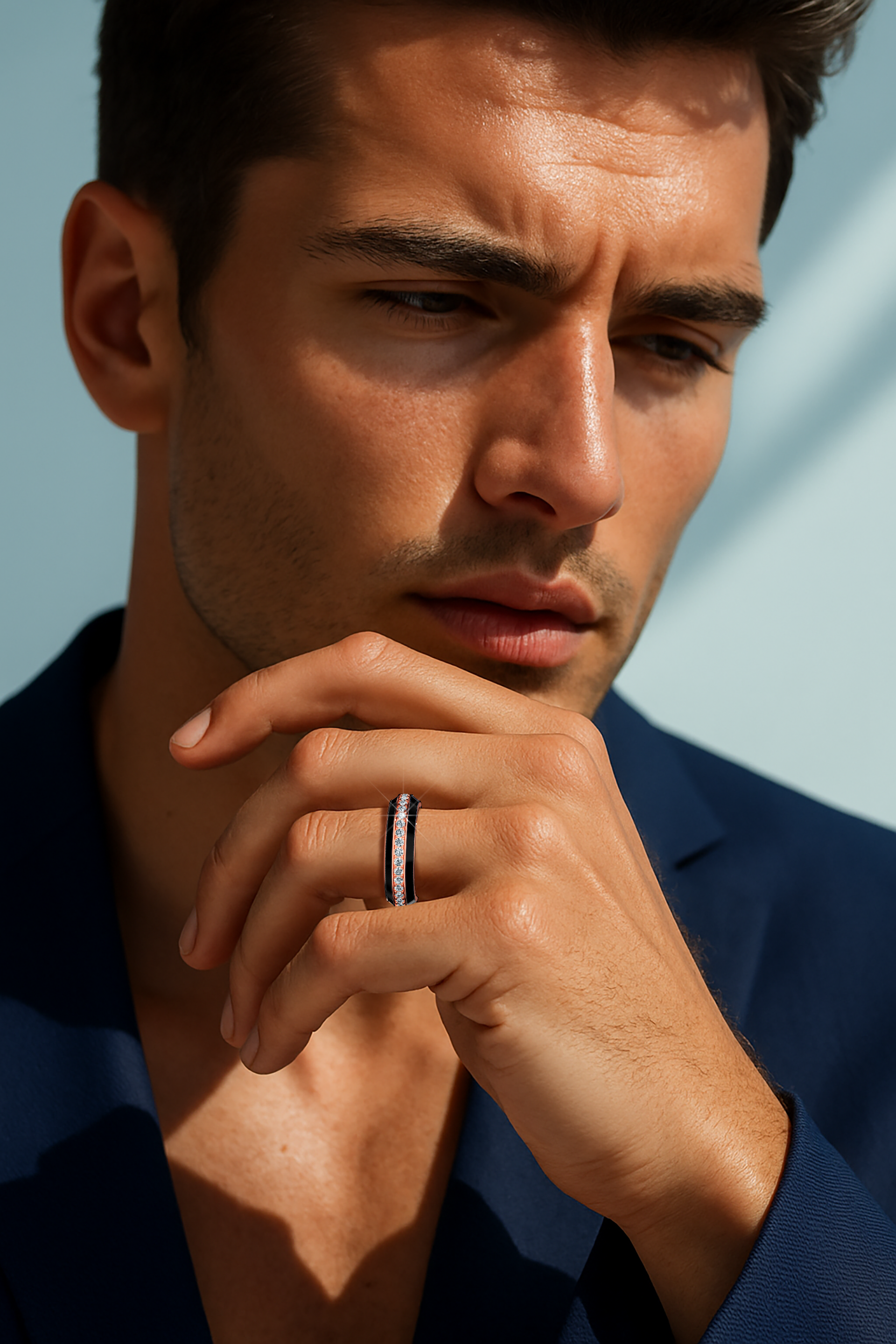 Elegantly worn on his hand, this розовое золото ring with bold black glossy enamel and an up to 1 carat diamond paved in the center line epitomizes modern luxury. The refined pave band—recognized as Eternity Pave, Pavé Chic, and Carat Pave—is intricately detailed with dazzling diamond accents that enhance the warm glow of розовое золото. This designer piece radiates sophistication, luxury, and enduring artistic allure.
Keywords: enamel, diamond, pave, luxury, chic.
