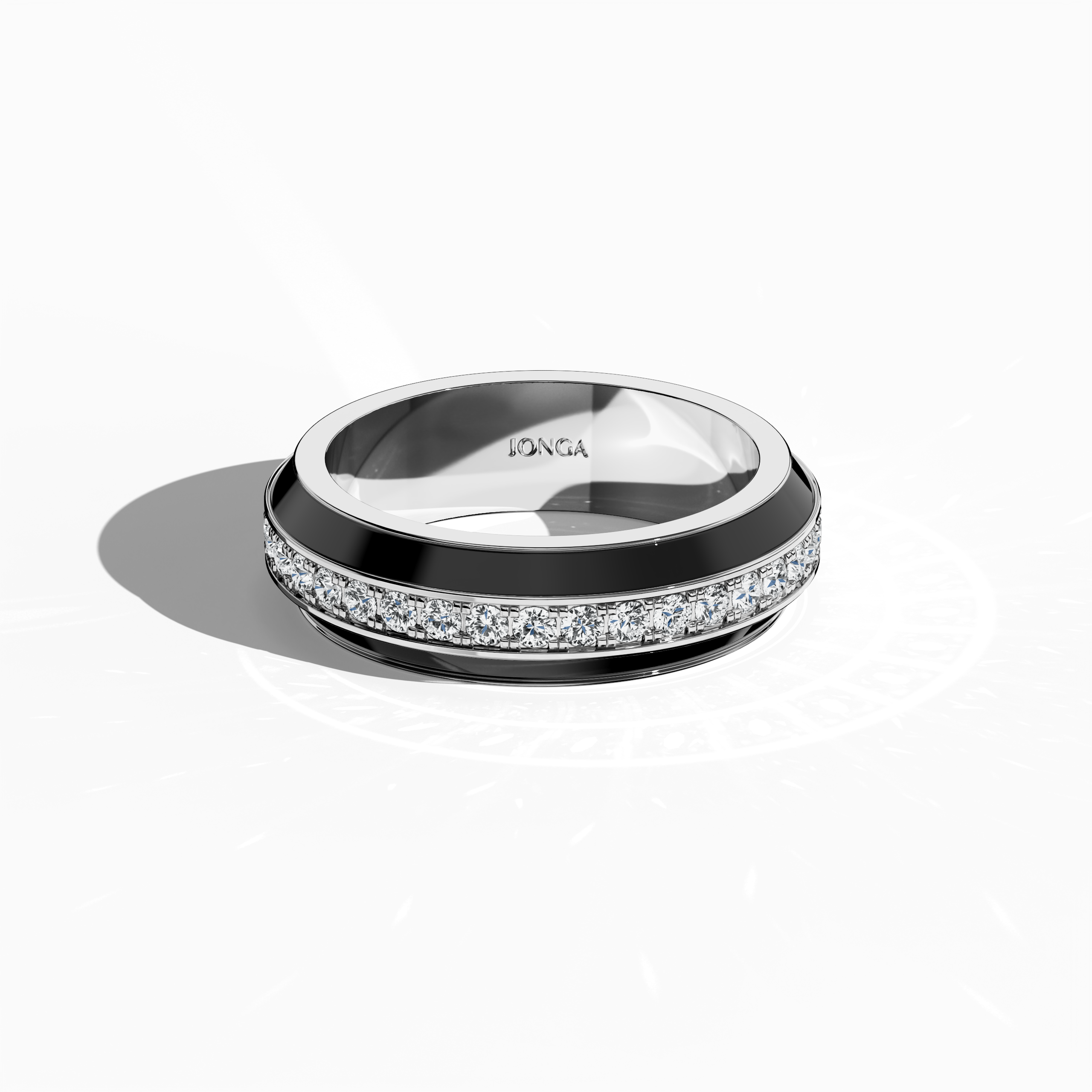 Discover the captivating allure of this белое золото ring with striking black glossy enamel and an up to 1 carat diamond paved in the center line. Viewed from a sleeping front top angle, its refined pave band—known as Eternity Pave, Pavé Chic, and Carat Pave—displays intricate detailing that accentuates the pristine белое золото. The interplay of bold enamel and diamond accents delivers a modern, luxurious aesthetic with designer finesse.
Keywords: enamel, diamond, luxe, designer, pave.