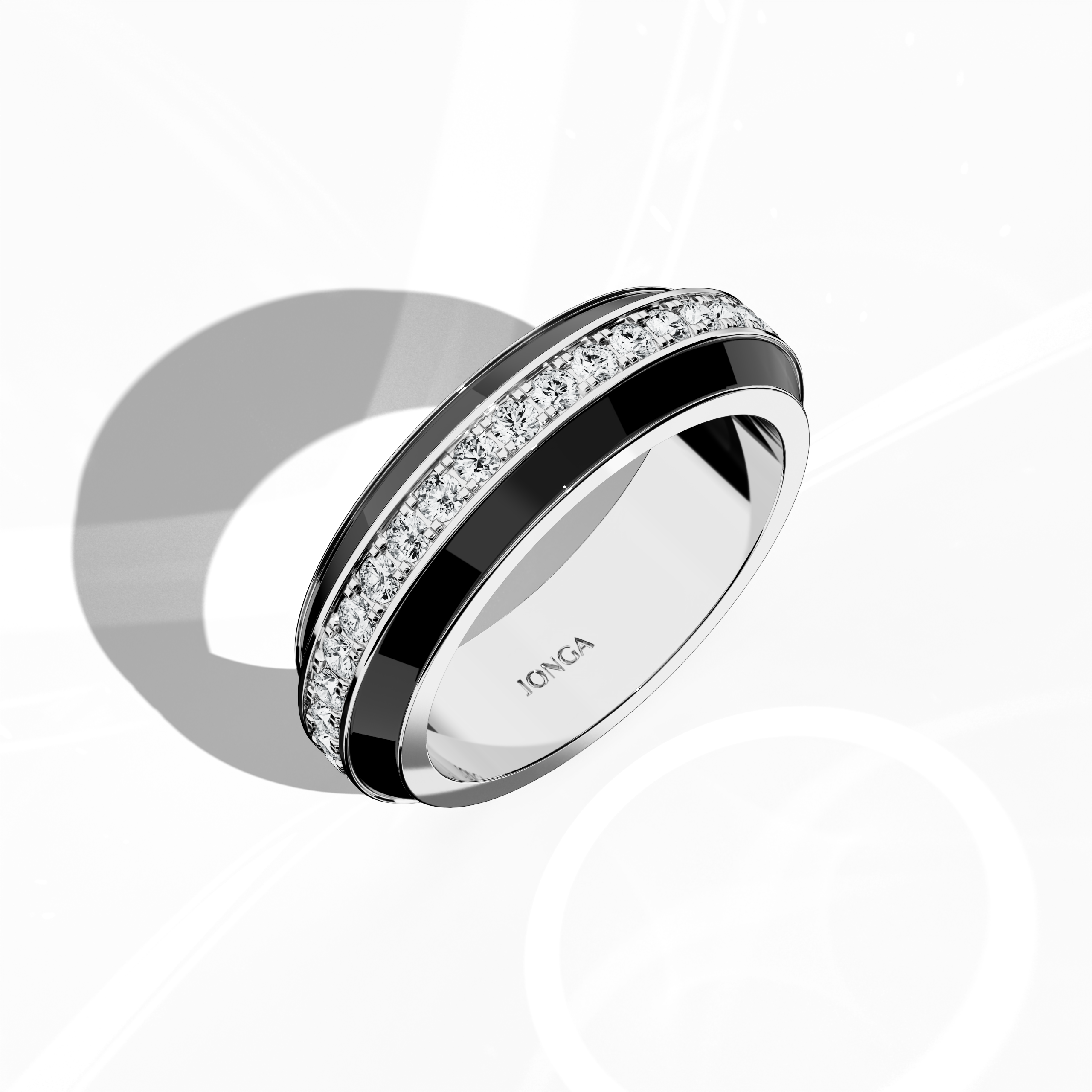 Admire the elegant profile of this белое золото ring enhanced by bold black glossy enamel and an up to 1 carat diamond paved in the center line. Captured from a standing front top side view, the intricate pave band—termed Eternity Pave, Pavé Chic, and Carat Pave—reveals detailed diamond pavé work that accentuates the refined shine of белое золото. The design fuses modern luxury with timeless craftsmanship for an unmistakable statement.
Keywords: enamel, diamond, pave, luxury, designer.