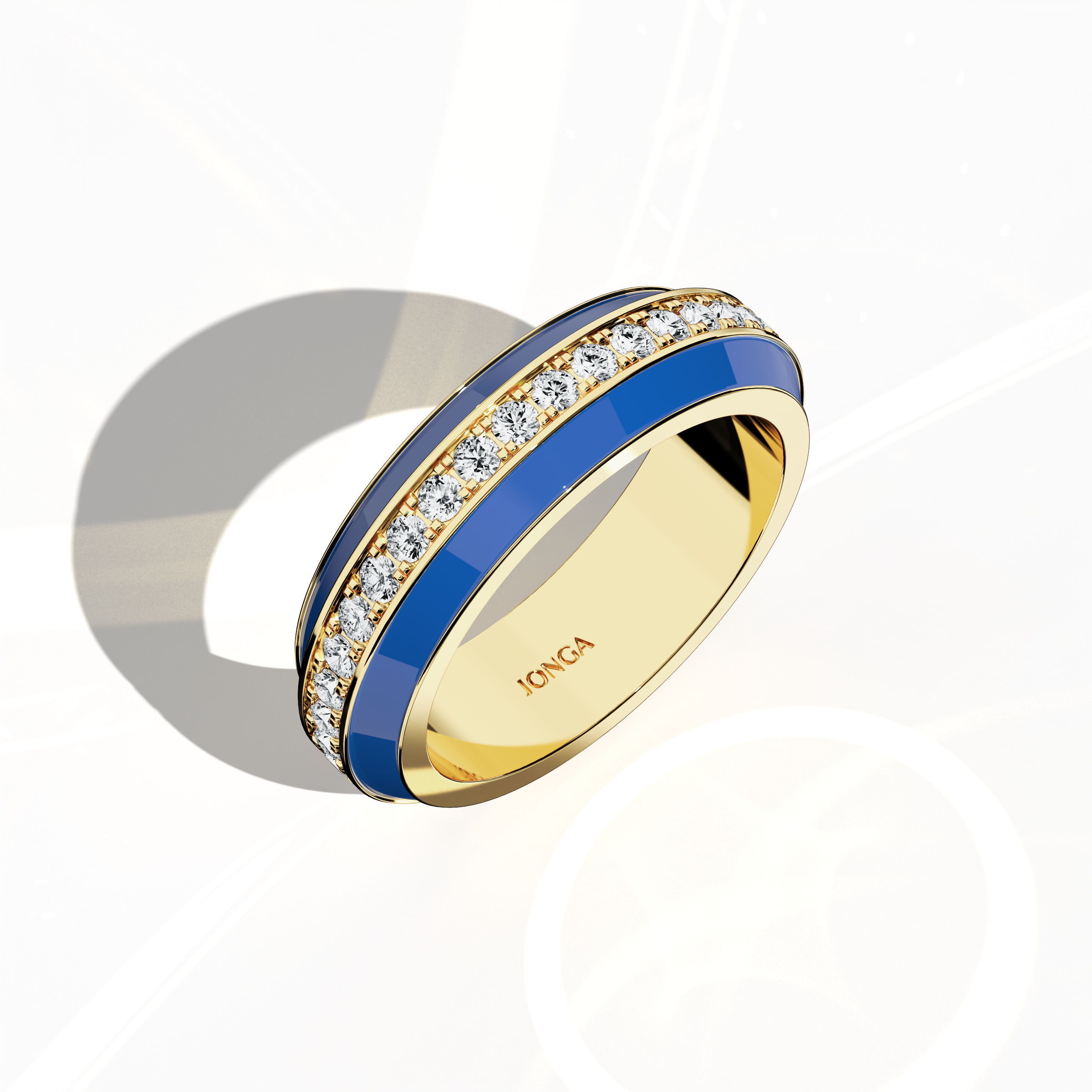 Admire the captivating profile of this жёлтое золото ring, accentuated by dynamic blue glossy enamel and an up to 1 carat diamond paved in the center line. Viewed from a standing front top side angle, the intricate pave band—termed Eternity Pave, Pavé Chic, and Carat Pave—showcases detailed diamond pavé work that highlights the radiant fusion of blue enamel with warm жёлтое золото. This designer creation epitomizes modern luxury and artistic finesse.
Keywords: enamel, diamond, pave, luxury, designer.