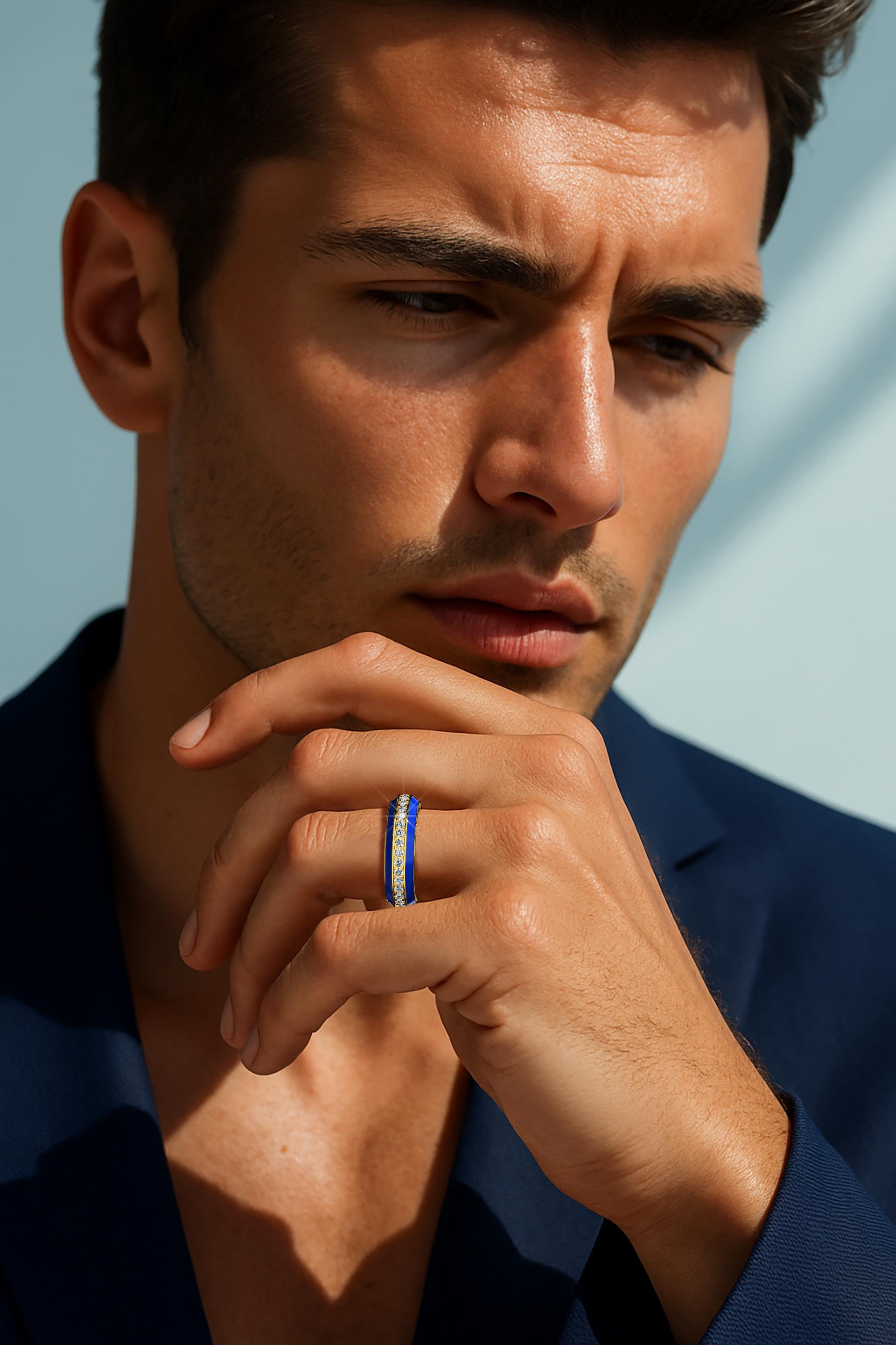 Gracefully worn on his finger, this yellow gold ring with vivid blue glossy enamel and an up to 1 carat diamond paved in the center line exudes modern luxury and refined craftsmanship. The exquisite pave band—celebrated as Eternity Pave, Pavé Chic, and Carat Pave—features intricate diamond detailing that underscores the vibrant interplay between dynamic blue enamel and warm yellow gold. A true statement of designer artistry, it radiates timeless elegance and contemporary flair.
Keywords: enamel, diamond, pa