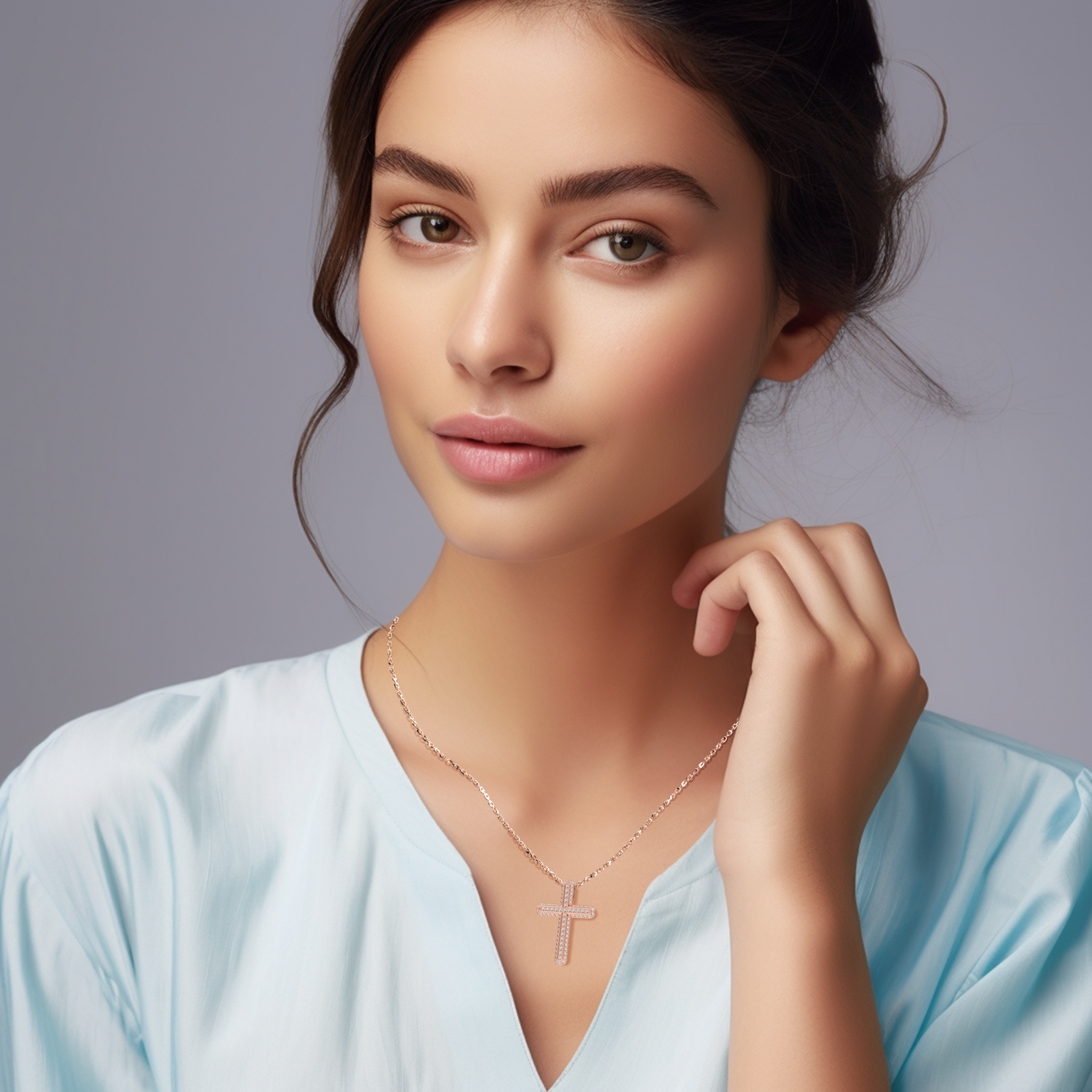 A woman wears a paved cross pendant in softly glowing розовое золото, sometimes called pink or blush gold, with 0.40 carat of diamonds in a pavé setting. This diamond cross design, also known as a gem-studded pendant, rests gracefully on her neckline. Its warm hue and radiant sparkle blend timeless devotion with contemporary flair.
Keywords: paved cross, розовое золото, 0.40 carat diamond, elegant accessory.