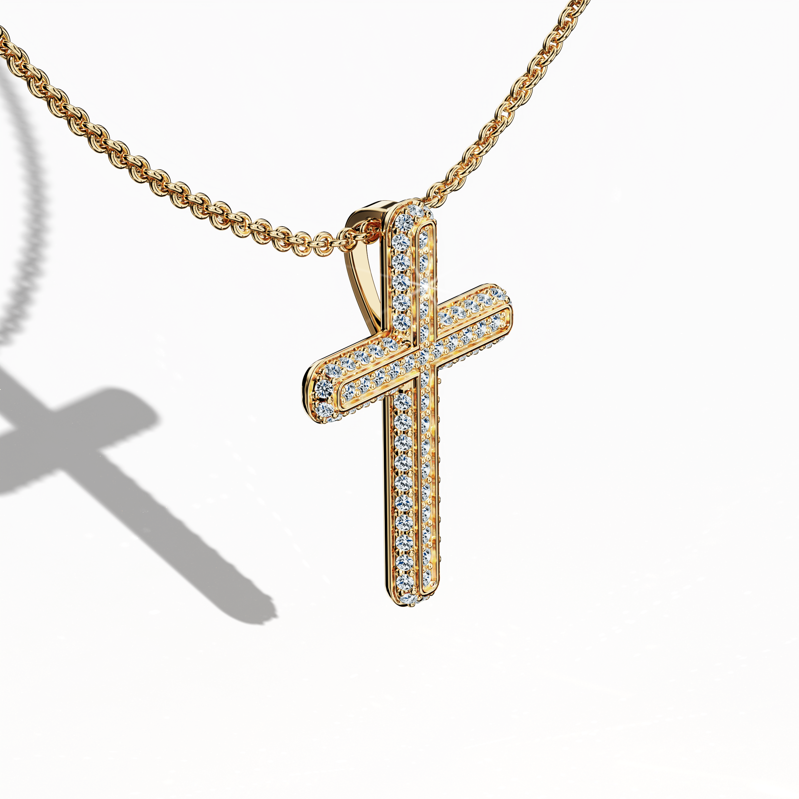 Front top side view of a paved cross pendant in radiant жёлтое золото, often described as traditional or golden-hued metal. Displaying 0.40 carat of diamonds in a pavé arrangement, this cross reveals subtle contours from an angled perspective. Its gleaming finish reflects a fusion of devotional symbolism and contemporary grace.
Keywords: paved cross, жёлтое золото, diamond setting, refined style.