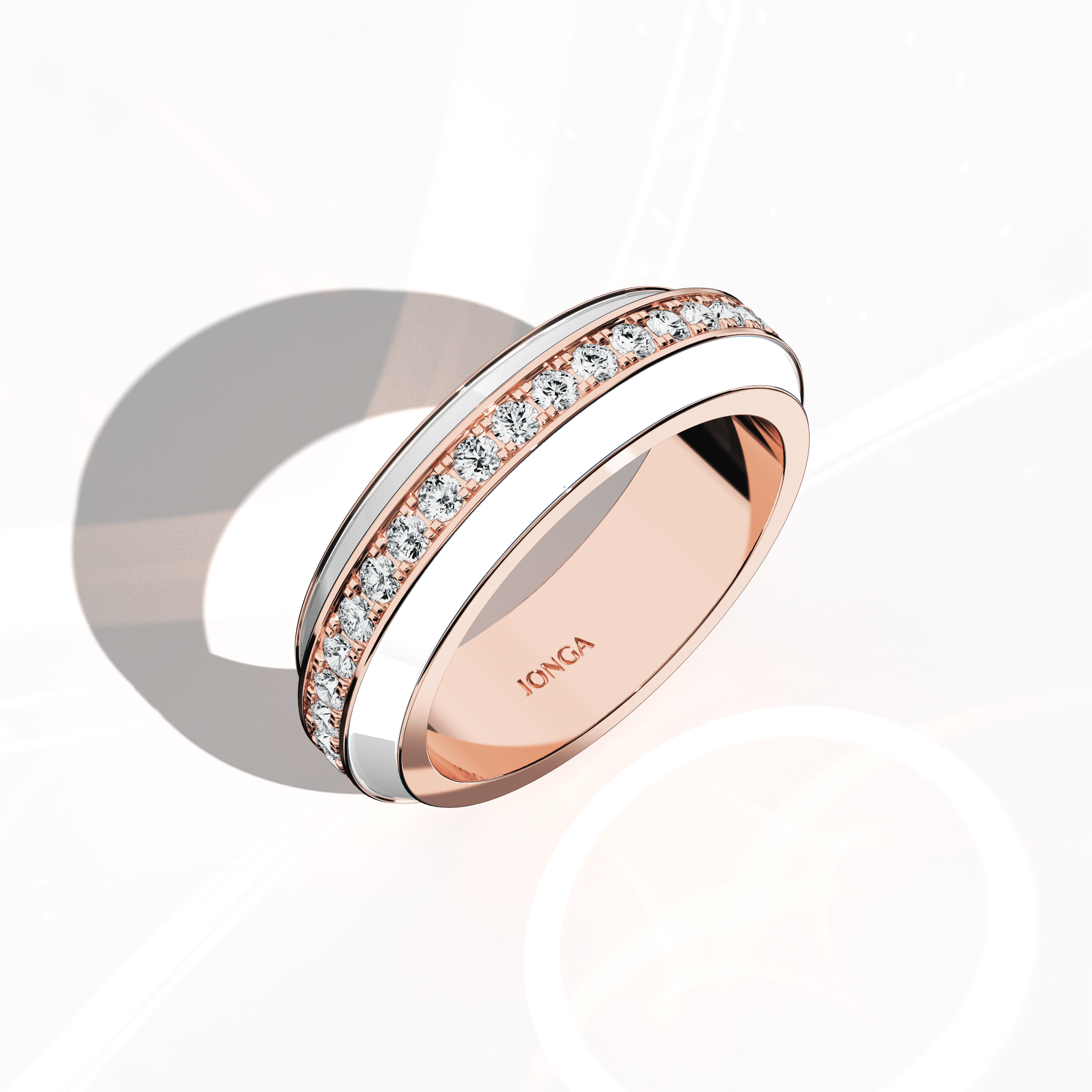 Admire the refined profile of this розовое золото ring with luminous white glossy enamel and an up to 1 carat diamond paved in the center line. Viewed from a standing front top side perspective, the elegant pave band—termed Eternity Pave, Pavé Chic, and Carat Pave—displays detailed diamond pavé work that highlights the warm radiance of розовое золото. This design merges contemporary luxury with timeless artistry for a stunning statement.
Keywords: enamel, diamond, pave, luxury, designer.