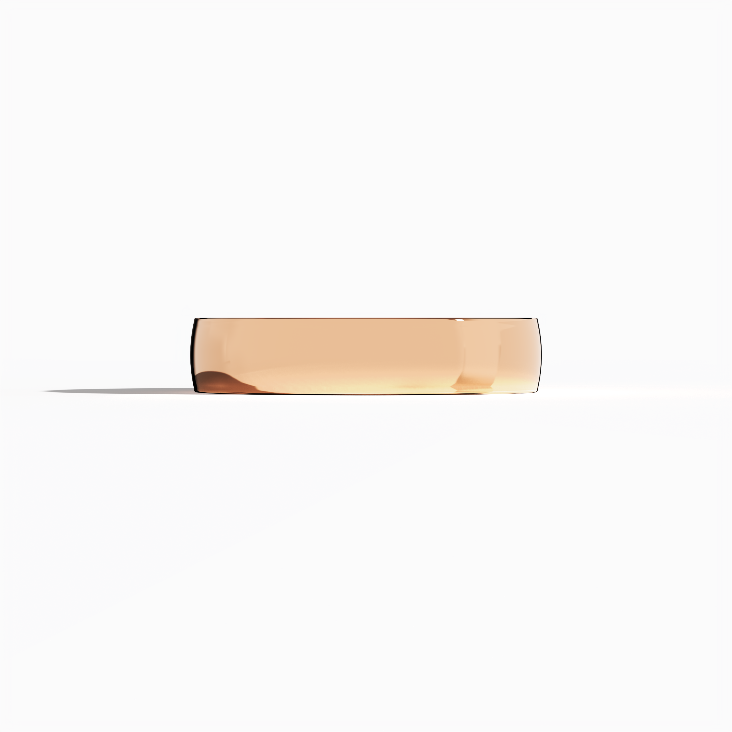 Featuring a chic wedding band in luminous rose gold, this simple design with a 6mm width and sleek glossy finish is captured from a sleeping front view. Often described as a minimalist wedding ring, classic gold band, or modern wedding band, it showcases smooth contours and a warm, subtle glow. Its refined elegance and understated style are celebrated in diverse design traditions with varied naming, exuding timeless romance and modern sophistication. Keywords: rose gold, glossy, 6mm, elegant, minimalist.