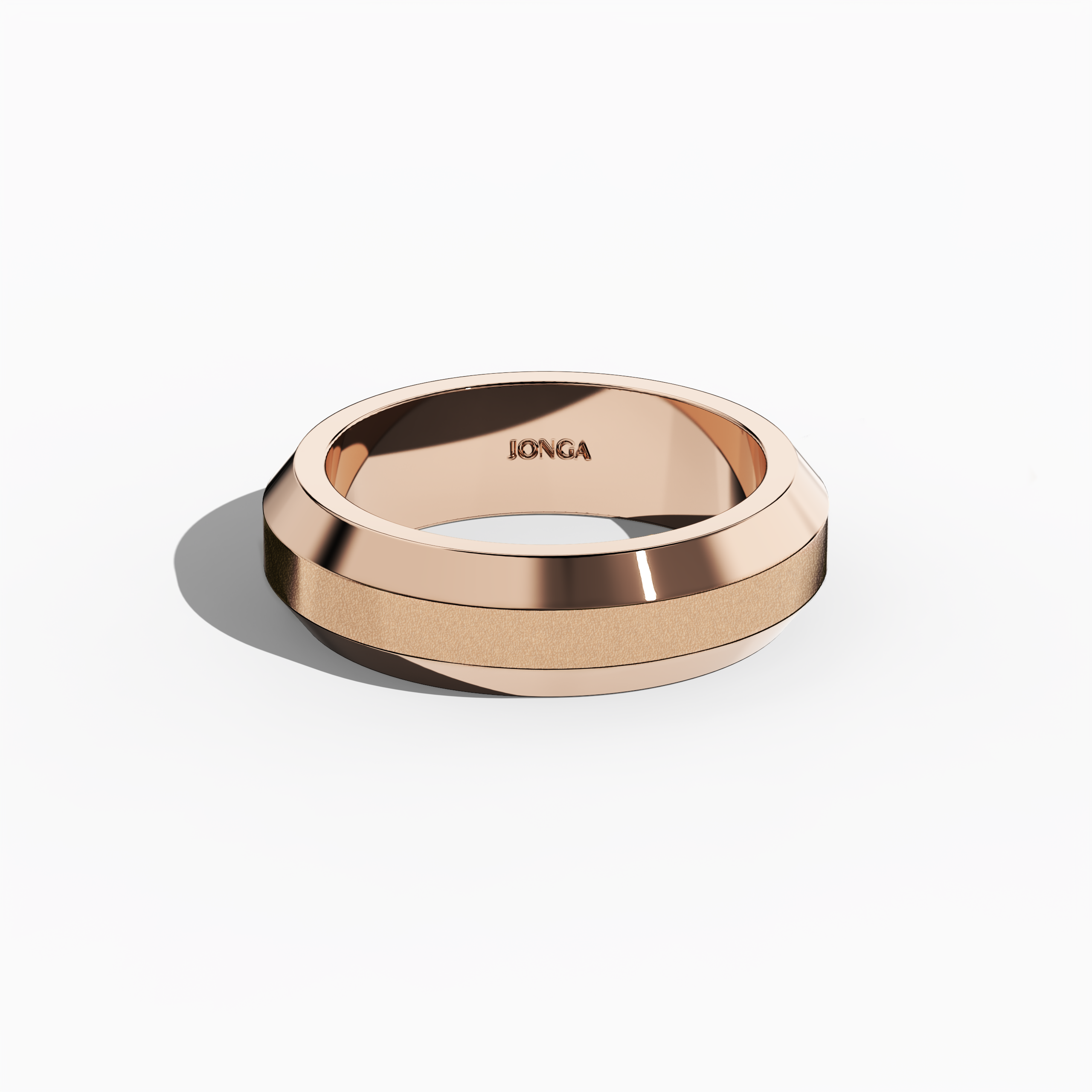 Visual depiction of an exquisite three‐step design rose gold (blush gold, romantic rose) wedding band, boasting a 6.5mm width with a sophisticated matte‐finished central step flanked by lustrous glossy outer steps. This tiered, triple‐tier, layered, stepped, and graduated step band epitomizes contemporary allure, refined artistry, and timeless charm. Presented in a standing front top side view on a minimalist background, keywords include rose gold, matte finish, glossy shine, and wedding band design.