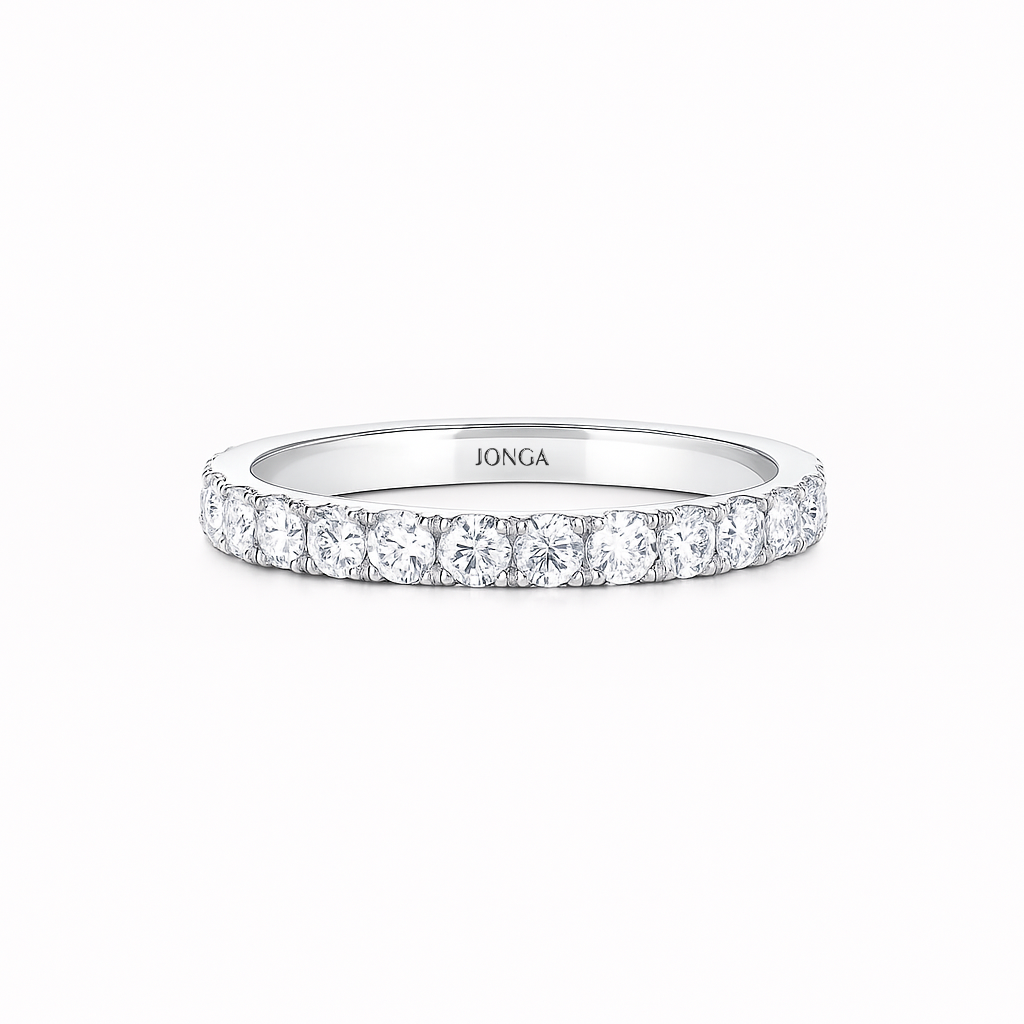 Round Eternity Ring showing 2.10 carat D-F color VVS-VS clarity diamonds 3.1mm band by Jonga 18K white gold