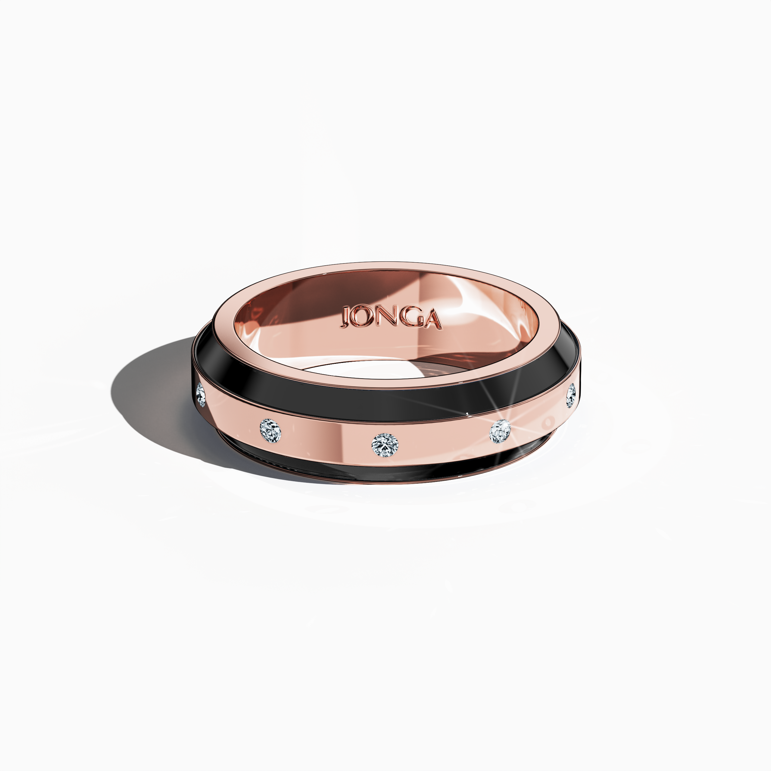 Crafted in rose gold with contrasting black enamel, this nine‐diamond ring boasts a glossy finish and a flawless centerline of radiant diamonds (up to 0.30 carats). Also called “Vintage Elegance,” “Gilded Grace,” and “Luminous Legacy,” its design exudes modern sophistication and timeless charm. Captured from a sleeping front top view, the image emphasizes exquisite detailing, refined finish, and keywords: luxury, designer, handcrafted, fine jewelry.