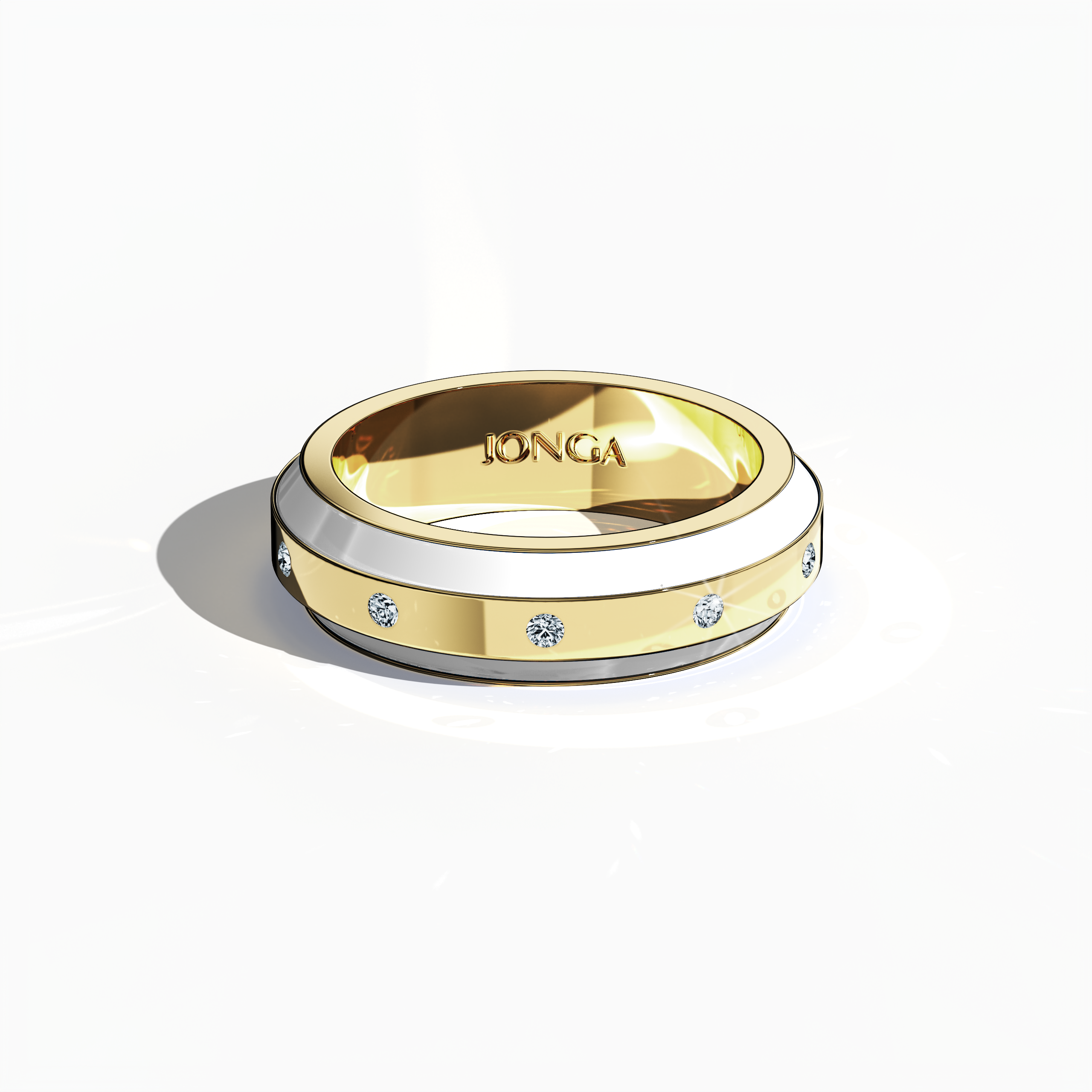 Exquisitely rendered in yellow gold with elegant white enamel, this nine‐diamond ring features a glossy finish and a precise centerline of luminous diamonds (up to 0.30 carats). Known alternatively as “Radiant Curve,” “Timeless Chic,” and “Golden Allure,” its design exudes modern sophistication and enduring charm. Captured from a sleeping front top view, the image emphasizes exquisite detailing and keywords: luxury, designer, handcrafted, fine jewelry.