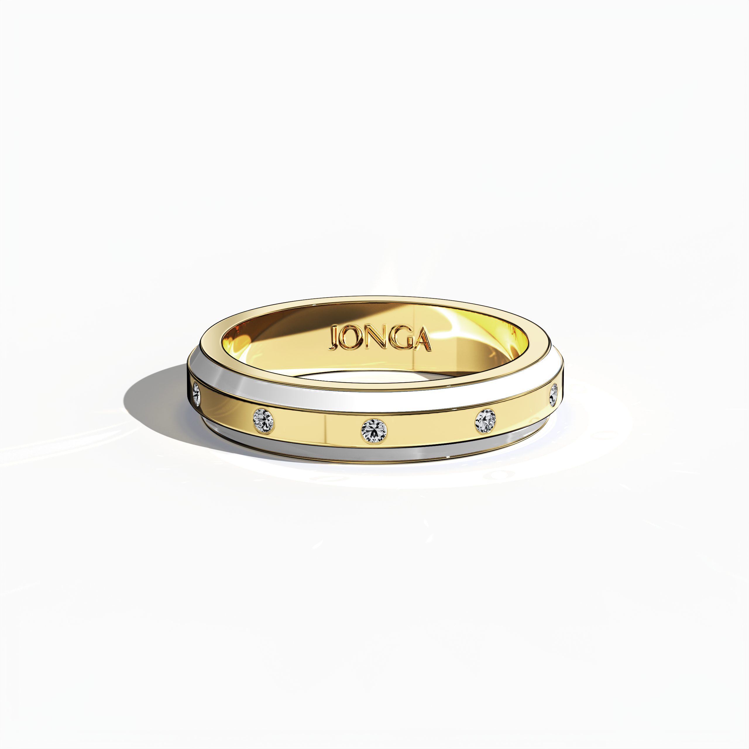 Seen from a sleeping front top angle, this nine diamond enamel ring in yellow gold with white enamel reveals a refined band featuring nine meticulously set diamonds (up to 0.09 carat) in a linear design. The glossy enamel finish and precise craftsmanship emphasize modern elegance and timeless luxury. Branded as Elegant Fusion, Modern Radiance, Timeless Chic, Luxe Harmony, Classic Splendor, and Contemporary Brilliance—and reflecting gold as aurum and oro—this piece exudes sophisticated charm.