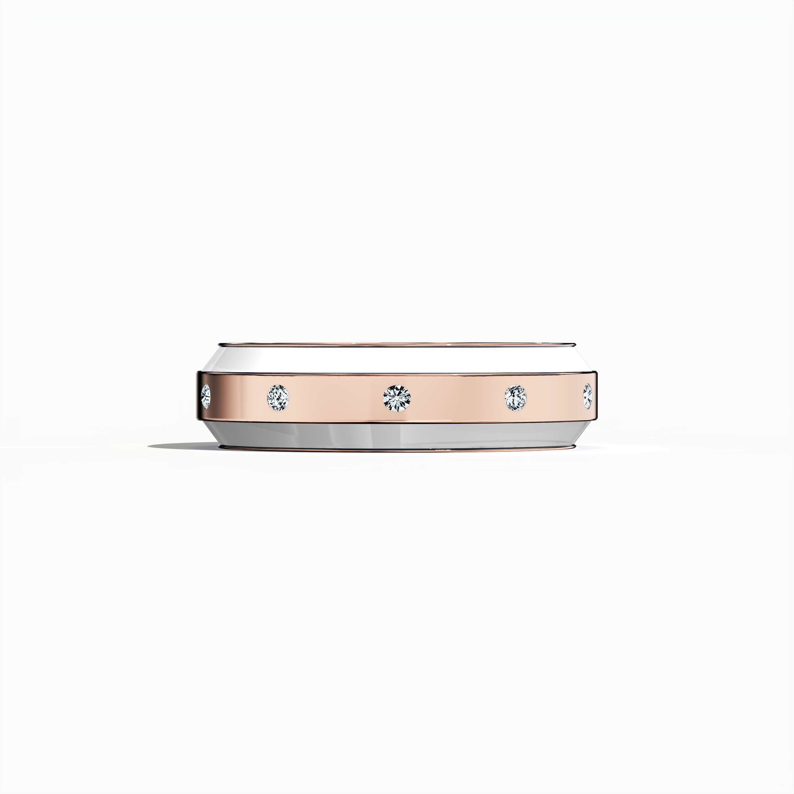 Exquisitely fashioned in rose gold with pristine white enamel, this nine‐diamond ring presents a glossy finish and a centerline of radiant diamonds (up to 0.30 carats). Also recognized as “Enamel Enchantment,” “Vintage Elegance,” and “Luminous Legacy,” its design blends modern artistry with classic allure. Captured from a sleeping front view, the image showcases meticulous detailing, luxurious polish, and keywords: luxury, designer, handcrafted, fine jewelry.