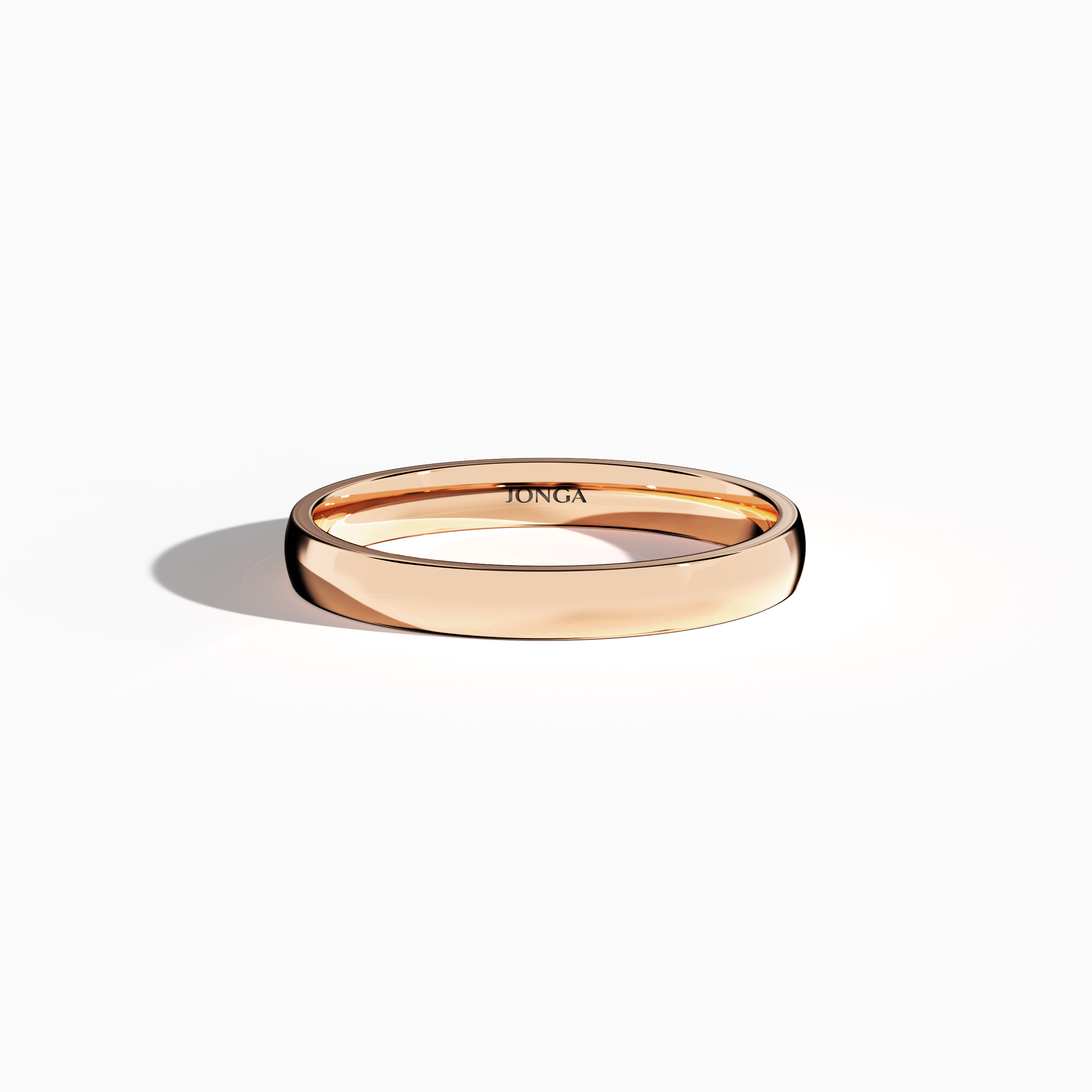 Depicted from a sleeping front top view, this розовое золото wedding band presents a simple design with a glossy finish over its 2.5 мм width. Embracing minimalist, plain, classic, timeless, and understated wedding band aesthetics—and known also as blush gold or romantic rose—the ring’s sleek surface catches soft light, showcasing refined artistry and contemporary elegance. Keywords: wedding band, розовое золото, glossy, minimalist, elegant design.