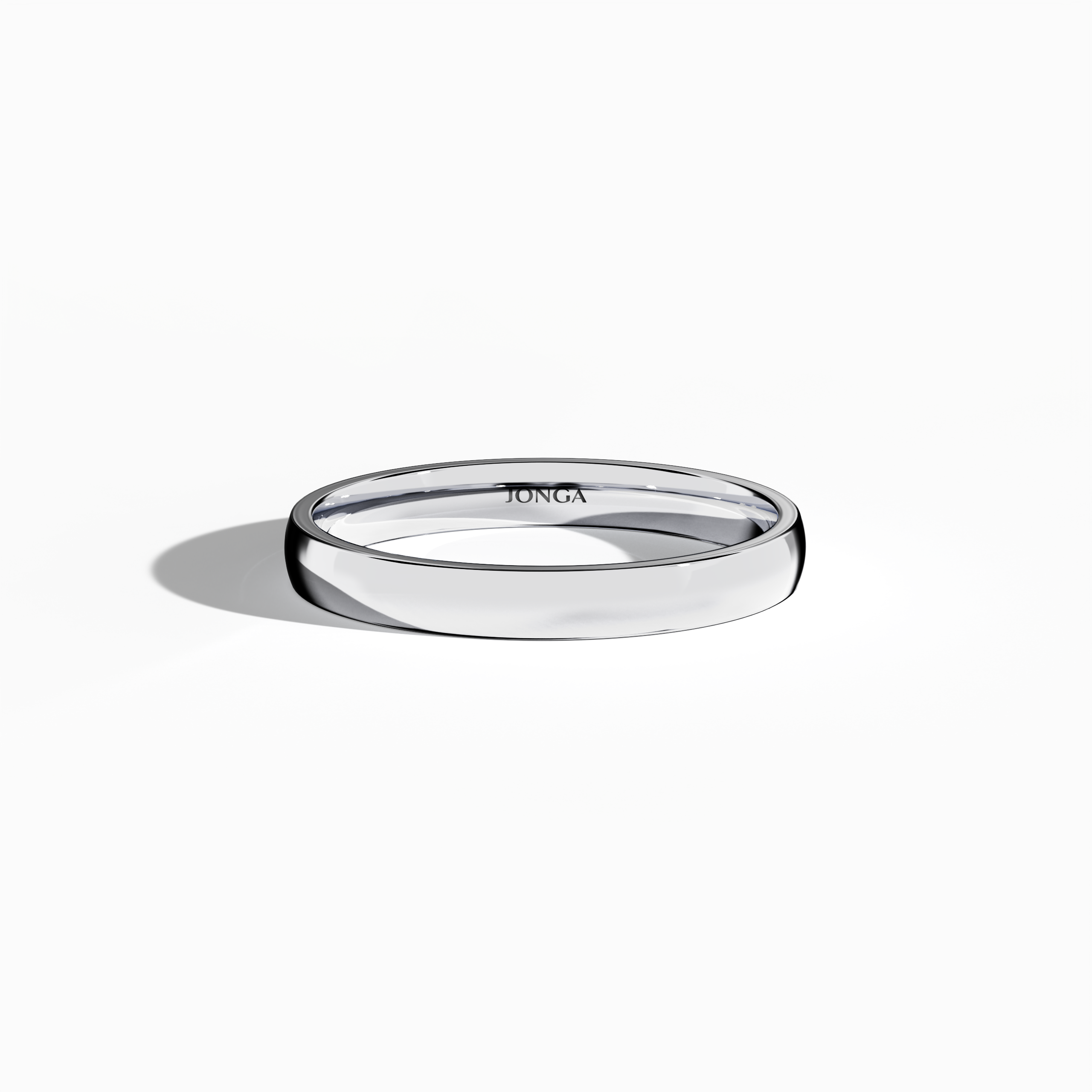 Depicted from a sleeping front top view, this белое золото wedding band highlights a simple, elegant design with a glossy finish on its 2.5 мм width. Embracing minimalist, plain, classic, timeless, and understated wedding band aesthetics—alternatively described as luminous white, sterling white, or modern белое золото—its smooth surface catches soft light, emphasizing refined artistry and sophisticated luxury. Keywords: wedding band, белое золото, glossy, minimalist, elegant design.