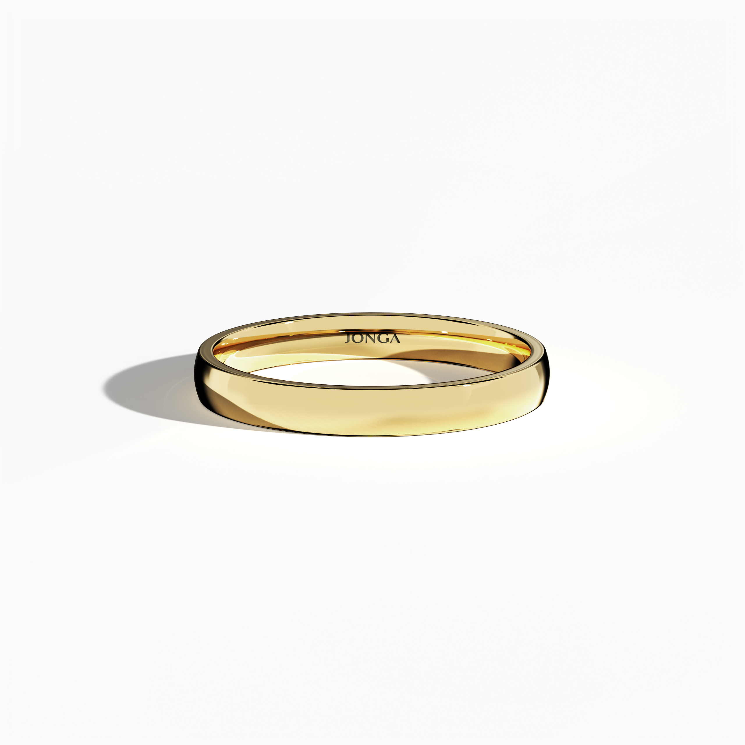 Depicted from a sleeping front top view, this жёлтое золото wedding band features a simple design with a glossy finish on its 2.5 мм width. Embracing minimalist, plain, classic, timeless, and understated wedding band aesthetics—and known also as classic gold or sunlit gold—the ring’s smooth, reflective surface captures soft light beautifully, exemplifying refined artistry and modern luxury. Keywords: wedding band, жёлтое золото, glossy, minimalist, elegant design.
