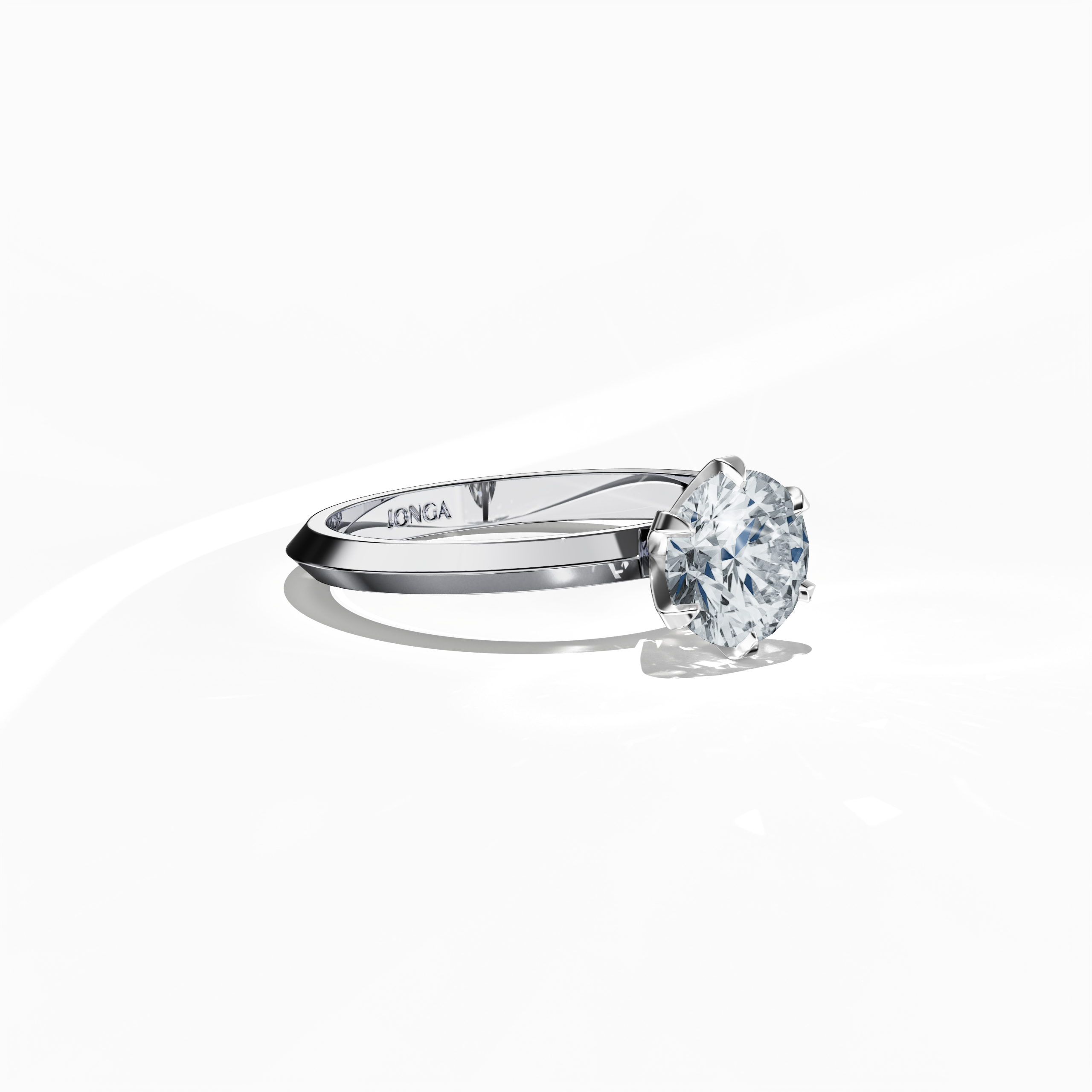 Solitaire diamond ring with a 0.50 карат center stone in a six-baby claw prong setting and a dual-step band with a sharp central line, set in a bright белое золото band. Displayed in a sleeping side view on a flat surface, highlighting its clean lines and luminous design as a refined piece of fine Украшения/fine Ювелирные изделия.