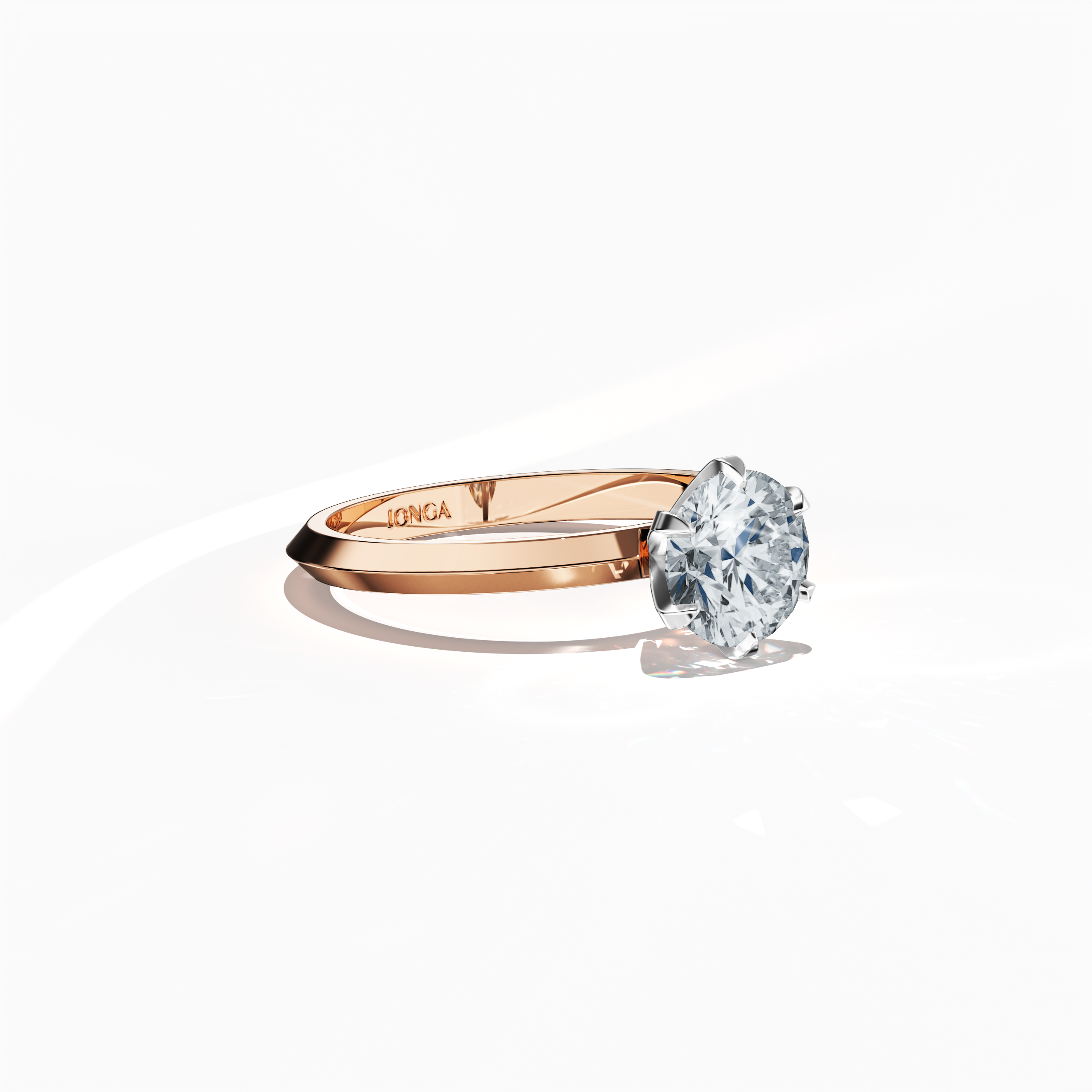 Stylish 2 carat diamond solitaire ring featuring a six-baby claw prong setting and a sleek two-step band with a defined central line, set in a soft розовое золото band (blush/pink gold). Captured in a sleeping side view, this fine Украшения/fine Ювелирные изделия piece highlights its elegant profile and warm, inviting finish.