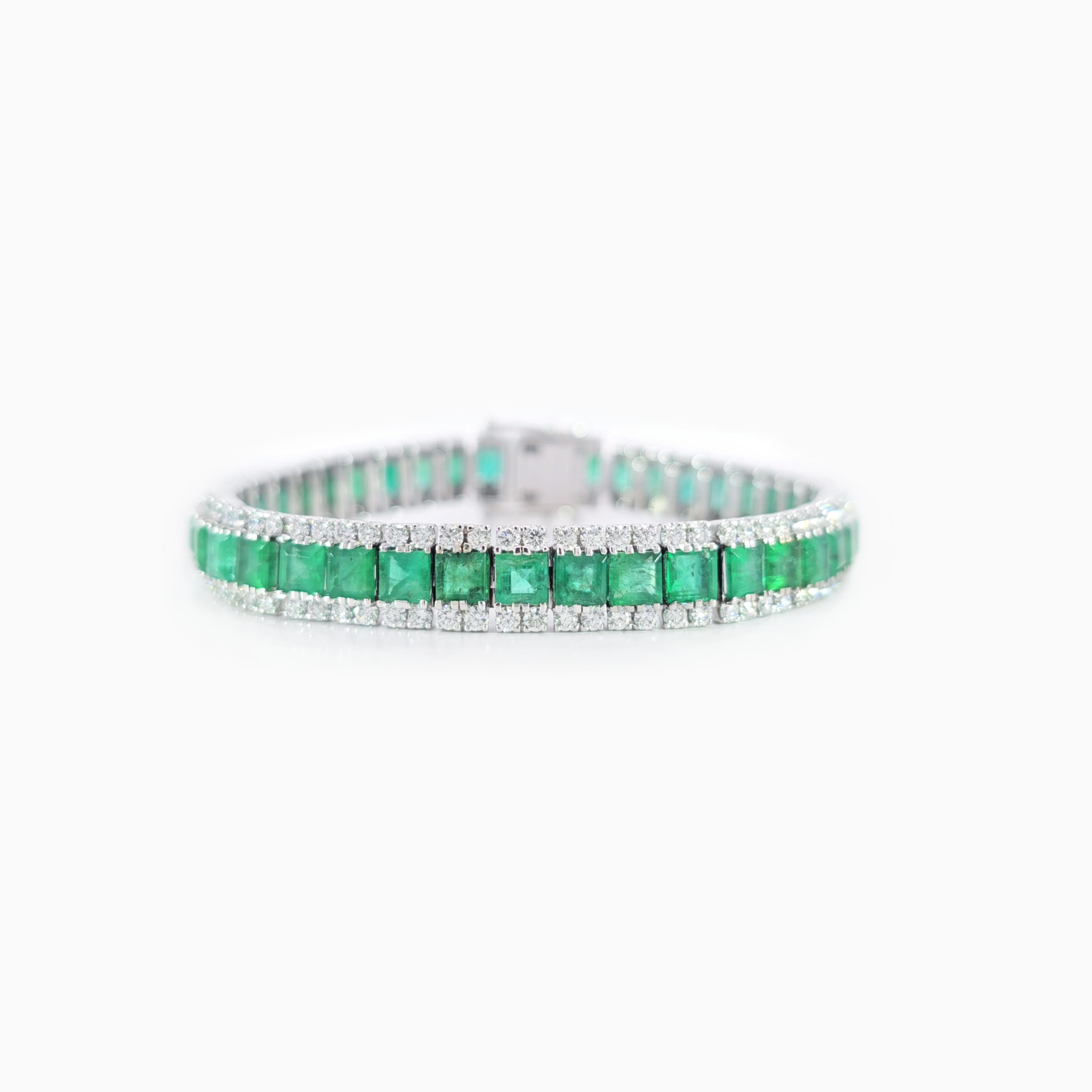 Square Green Emerald Halo diamond Bracelet in 18K White Gold