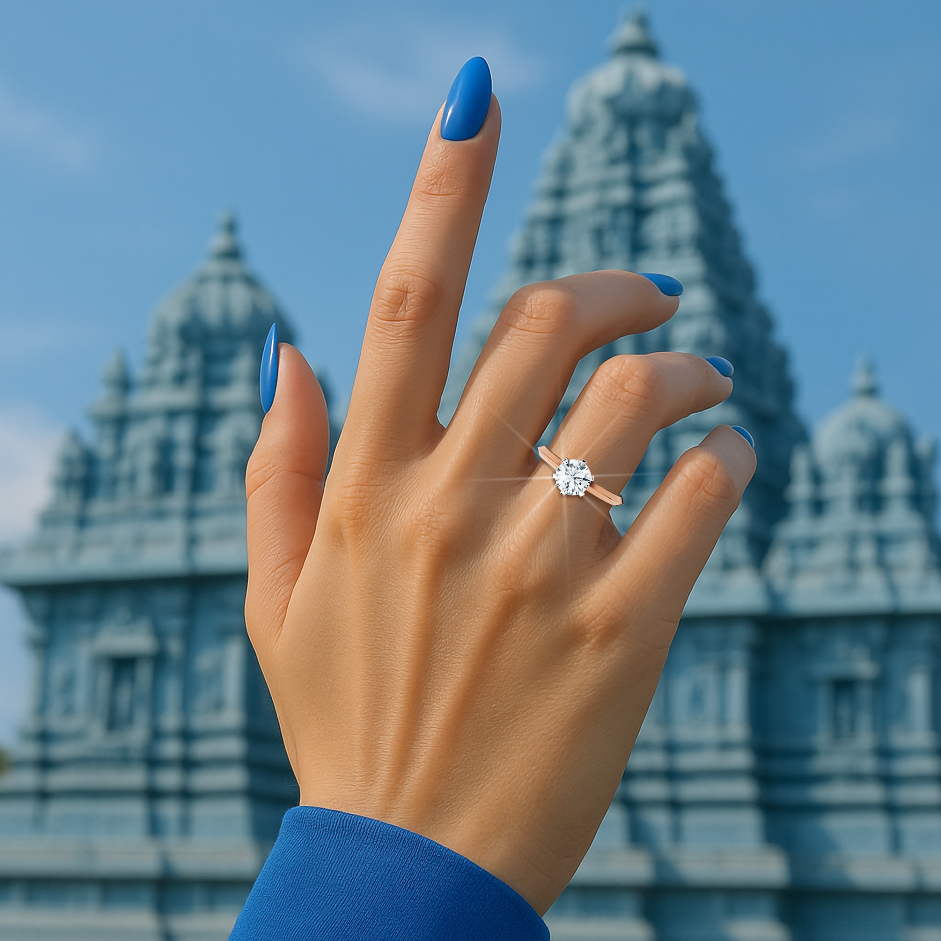 Solitaire diamond ring with a 0.50  карат center diamond in a six-baby claw prong setting and a striking two-step band with a defined central line, set in a soft розовое золото band (pink/blush gold). Shown on her finger, this fine Украшения/fine Ювелирные изделия ring exemplifies modern sophistication and timeless appeal.