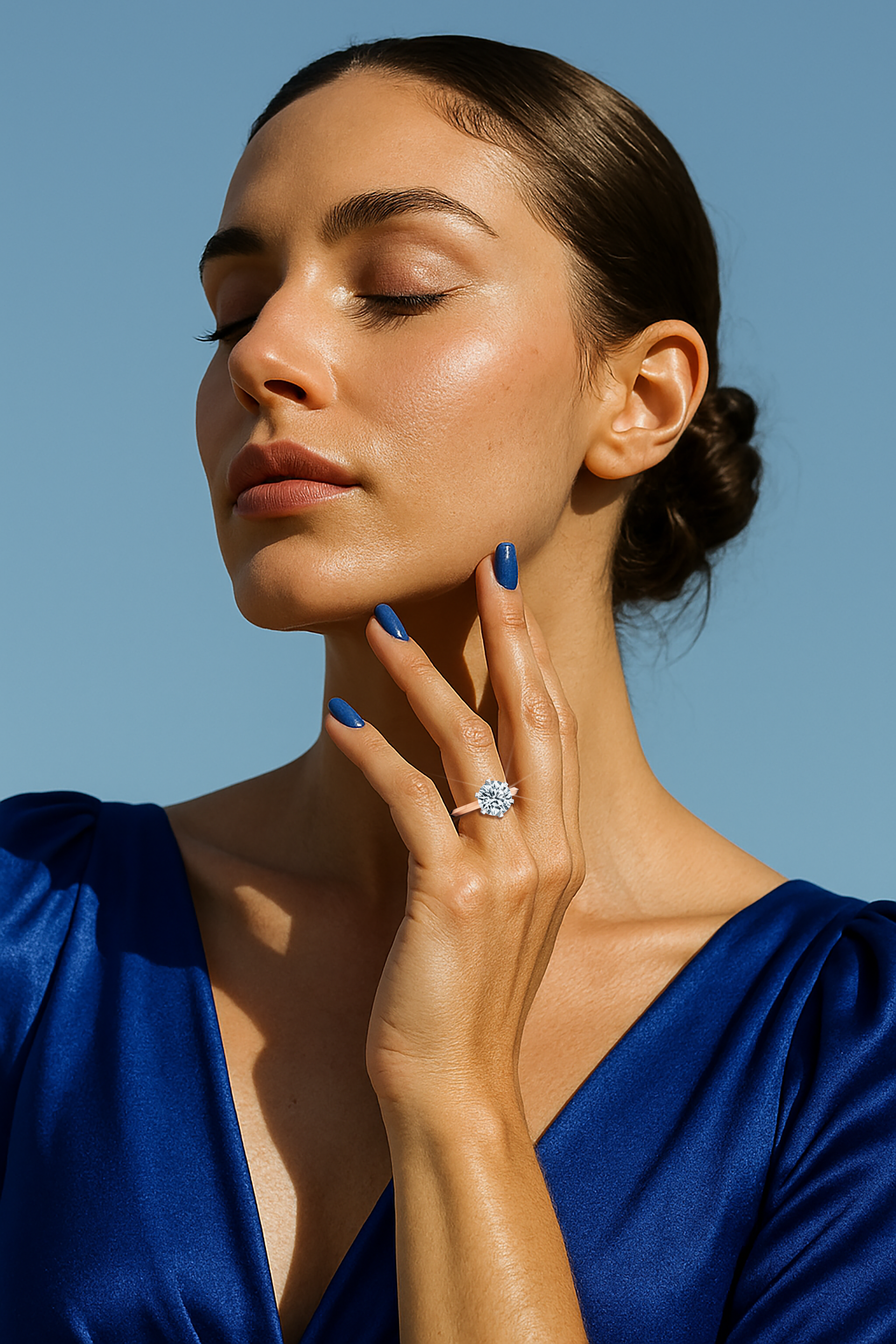 Exquisite 2 carat diamond solitaire ring with a six-baby claw prong setting and a sophisticated two-step band with a sharp midline, set in a soft розовое золото band (blush/pink gold). Shown on her finger, this fine Украшения/fine Ювелирные изделия ring epitomizes modern romance and timeless elegance.