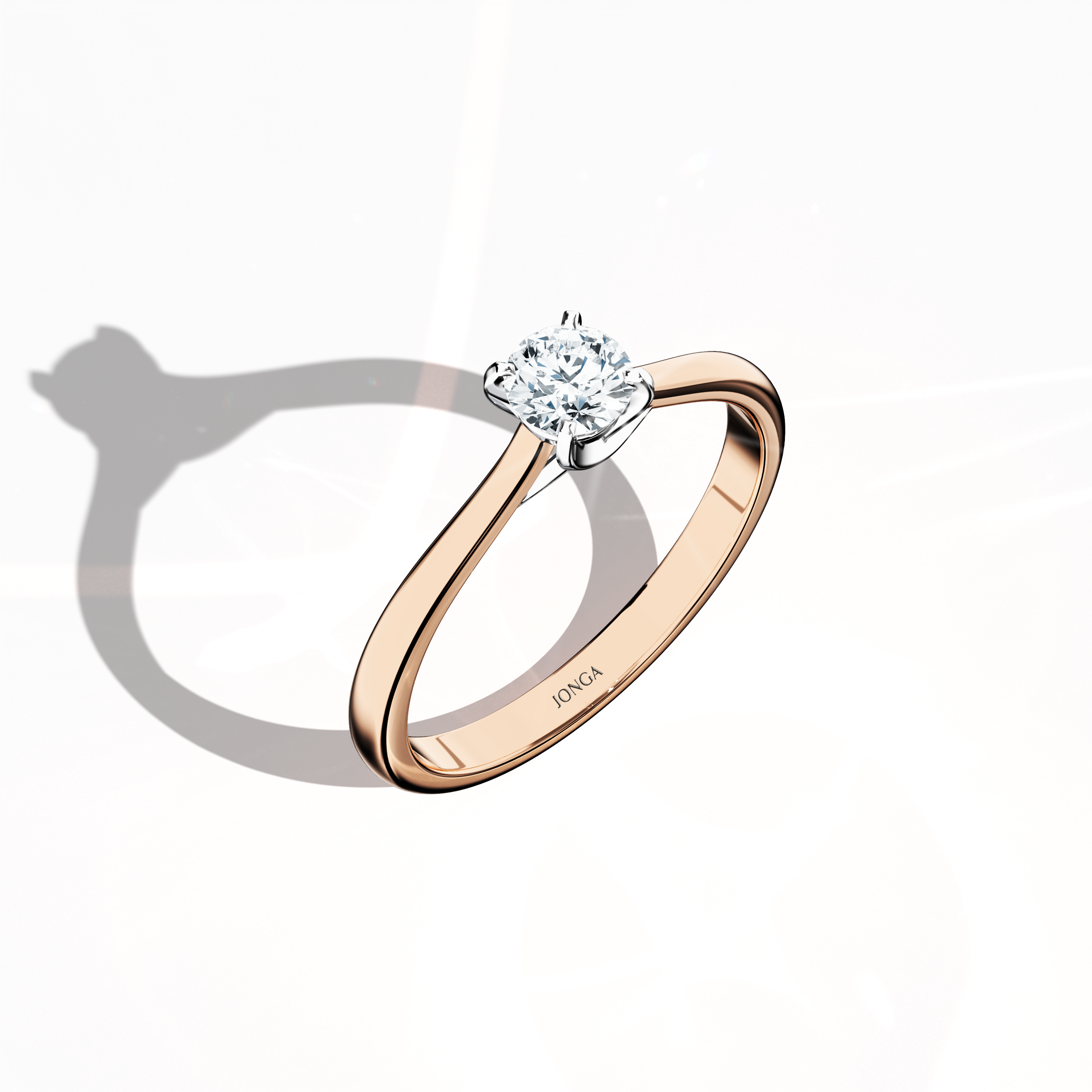 Modern solitaire diamond ring with a 0.30  карат center stone in a unique twisted bottom setting and four‑tap белое золото prongs, set in a soft розовое золото band (blush/pink gold). Captured from a standing front top side angle, this fine Украшения/fine Ювелирные изделия ring emphasizes its delicate design and radiant, romantic finish.
