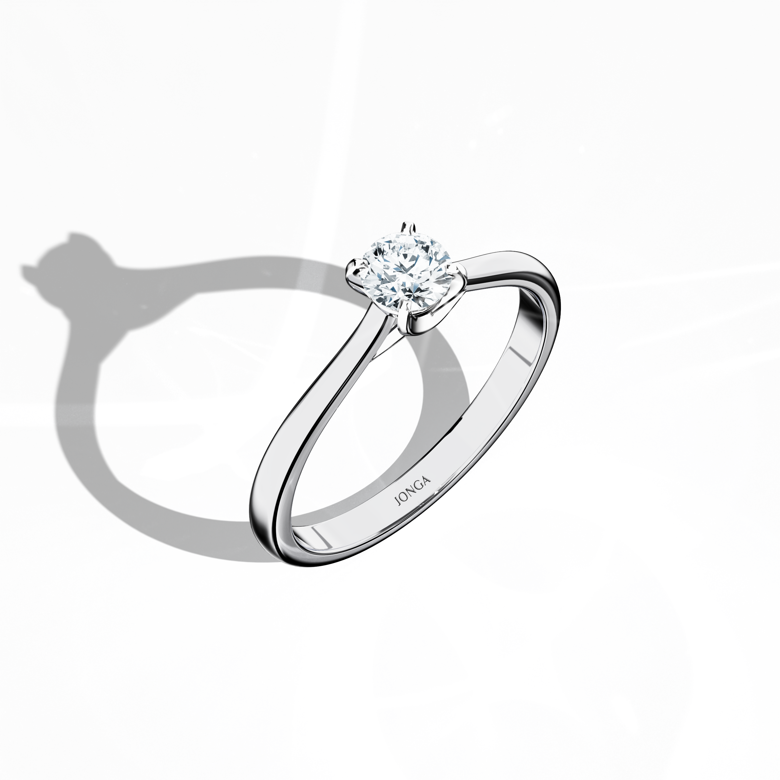 Stylish solitaire diamond ring with a 0.30  карат center stone in a unique twisted bottom setting, accented by four‑tap prongs in белое золото and set in a silvery белое золото band. Photographed from a standing front top side angle, this fine Украшения/fine Ювелирные изделия ring emphasizes its exceptional design and brilliant sparkle.