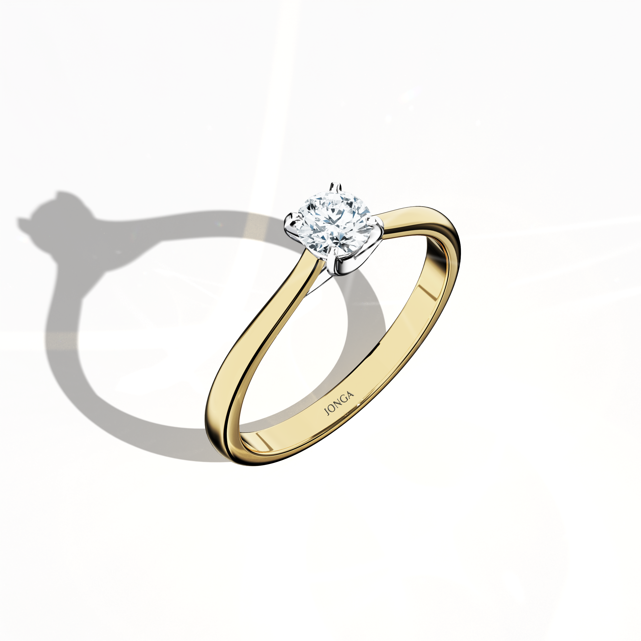 Modern solitaire diamond ring with a 0.30  карат center stone in a unique twisted bottom setting and four‑tap белое золото prongs, set in a rich жёлтое золото band (classic/warm жёлтое золото). Captured from a standing front top side angle, this fine Украшения/fine Ювелирные изделия ring emphasizes its brilliant sparkle and dynamic, warm design.