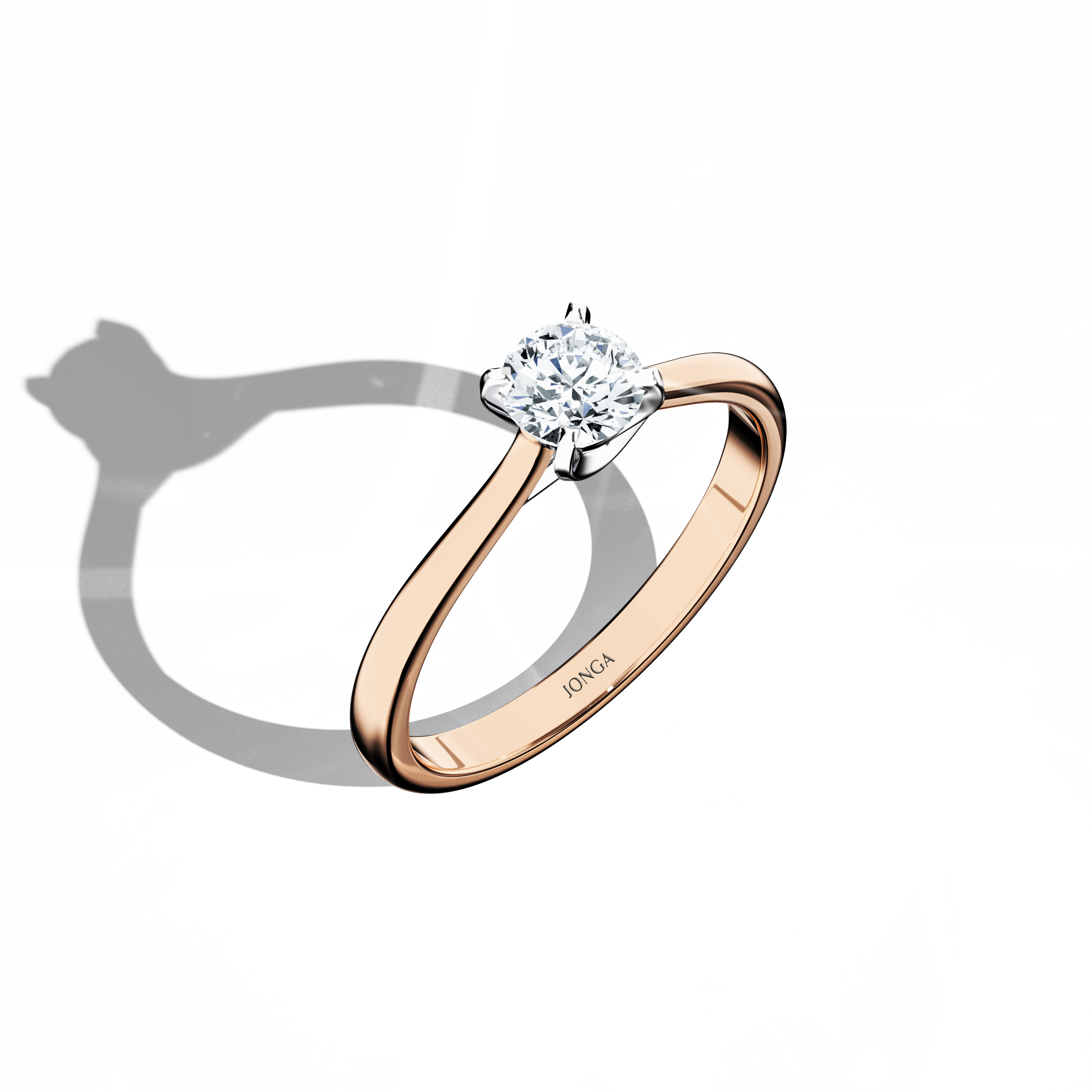 Modern solitaire ring with a 0.50  карат center diamond in a unique twisted bottom setting, featuring four‑tap prongs in белое золото and a soft розовое золото band (blush/pink gold). Captured from a standing front top side angle, this fine Украшения/fine Ювелирные изделия ring emphasizes its brilliant center stone and sleek, contemporary design with a warm, inviting finish.