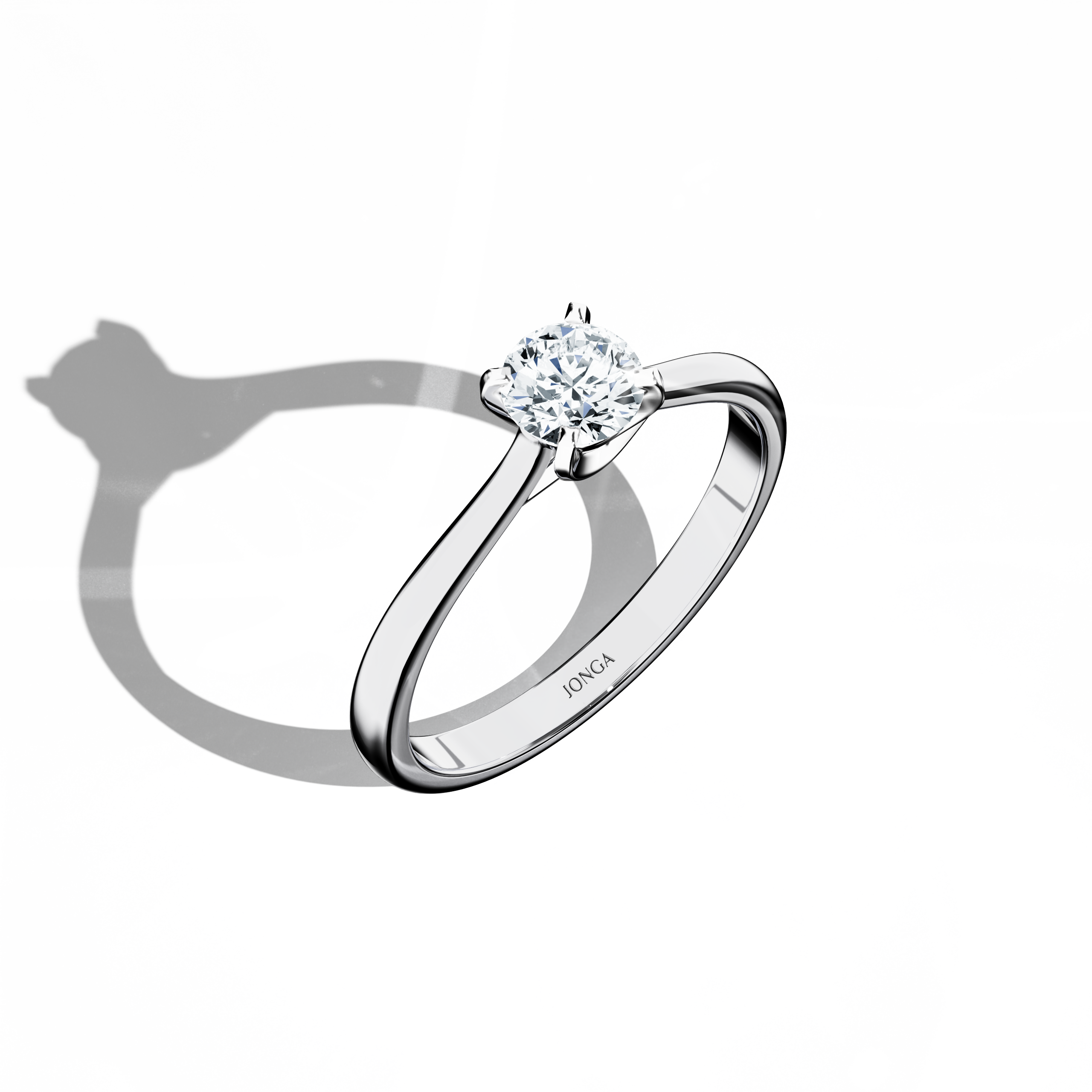 Stylish solitaire ring with a 0.50  карат diamond in a unique twisted bottom setting, featuring four‑tap prongs in белое золото and a bright белое золото band. Photographed from a standing front top side angle, this fine Украшения/fine Ювелирные изделия ring emphasizes its brilliant center stone and clean, contemporary design.