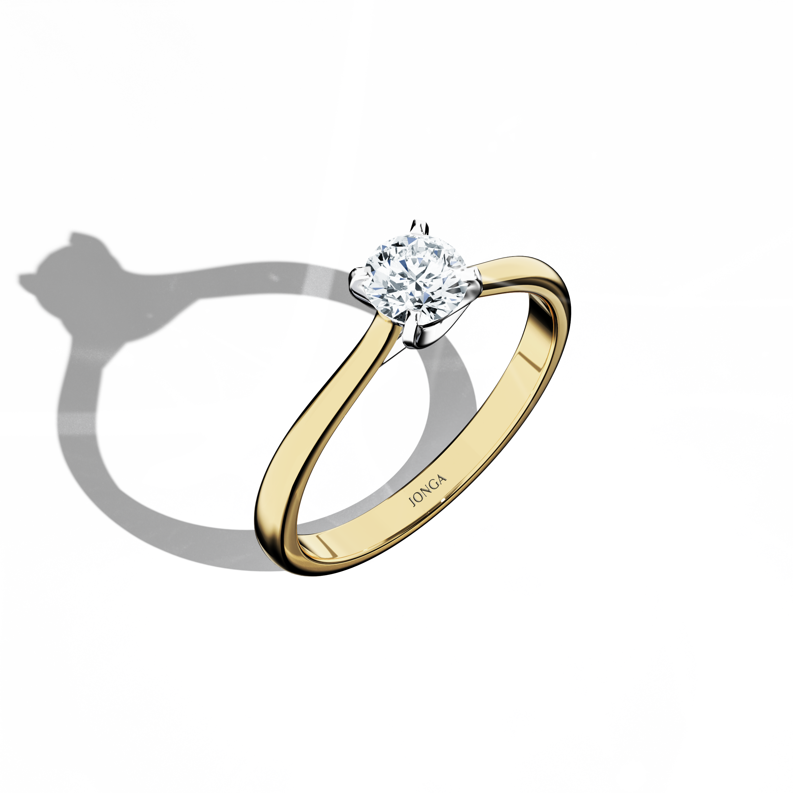 Modern solitaire ring with a 0.50  карат center diamond in a unique twisted bottom setting, featuring four‑tap prongs in белое золото and a rich жёлтое золото band (classic/warm жёлтое золото). Captured from a standing front top side angle, this fine Украшения/fine Ювелирные изделия ring emphasizes its brilliant sparkle and dynamic, warm design.
