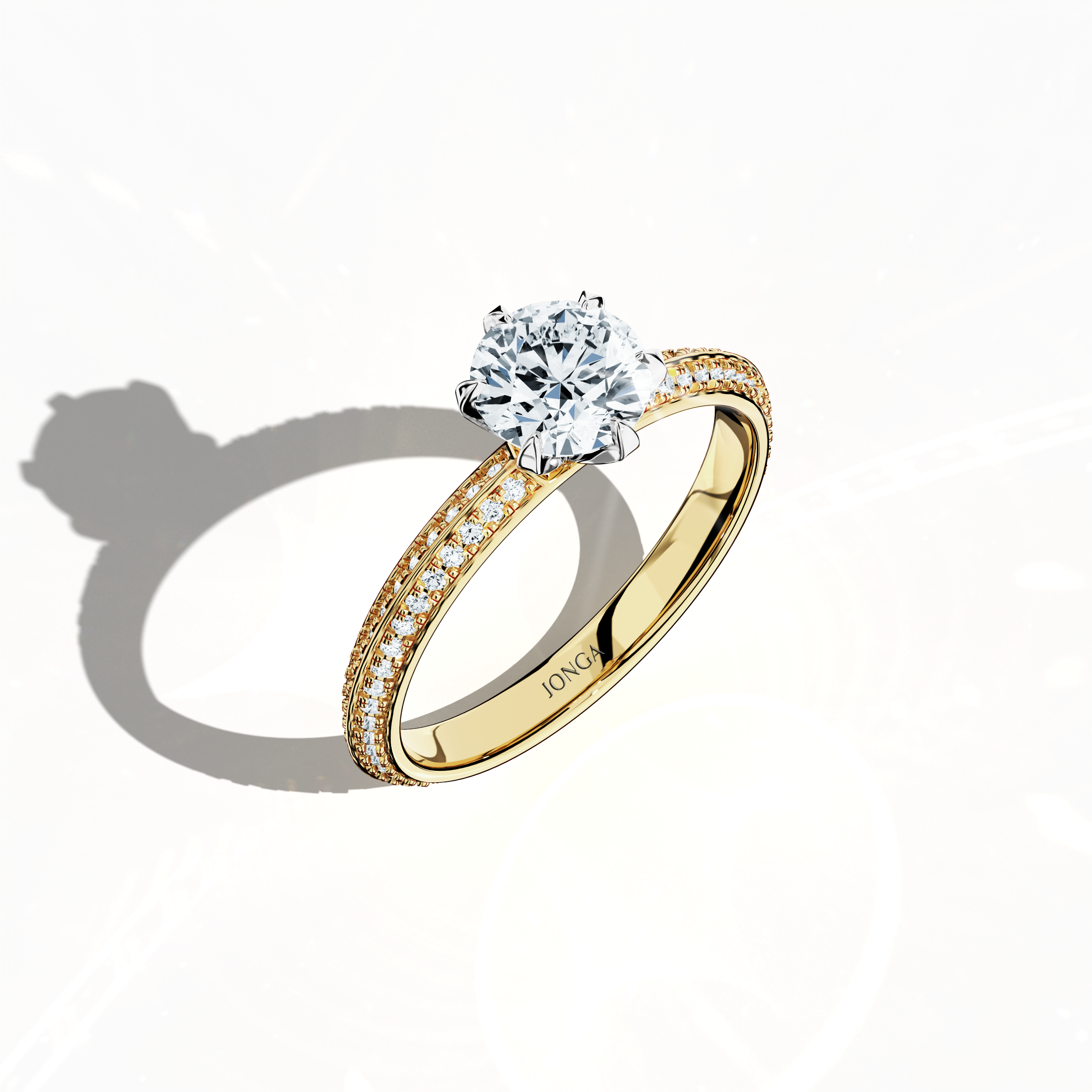Modern 1.40 карат diamond ring featuring a 1 карат center diamond and 0.40 карат pavé side stones, set in classic жёлтое золото with a dual‑tier, step-designed band and defined central line. Captured from a front top side angle, this fine Украшения/fine Ювелирные изделия ring emphasizes its refined pavé setting and vibrant, warm allure.