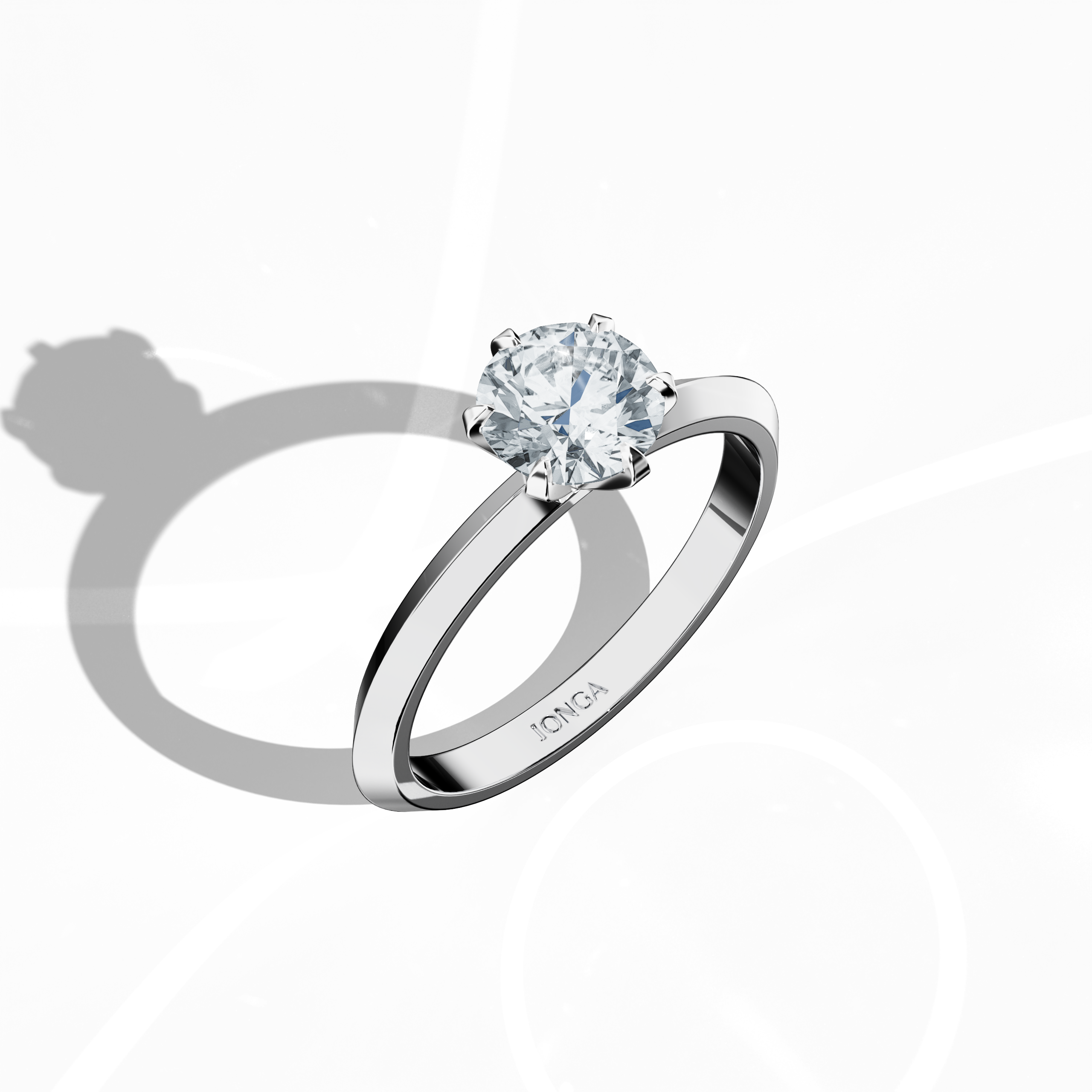 Refined solitaire diamond ring with a 1 carat center diamond in a six-baby claw prong setting and a dual-tier band with a sharp central accent, showcased from a front top side angle. The bright белое золото band (silvery finish) enhances its modern, sleek design—a standout fine Украшения/fine Ювелирные изделия accessory.