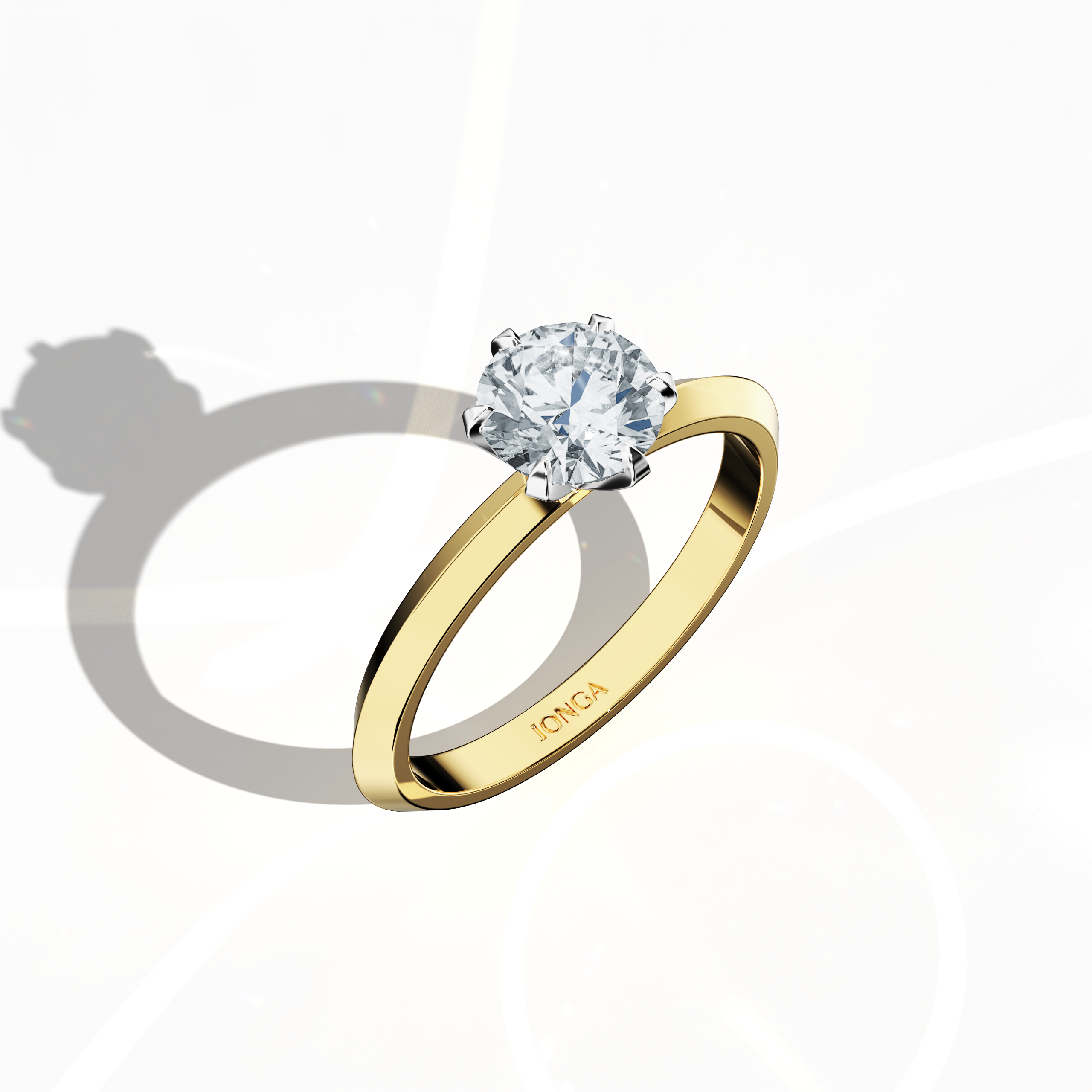 Refined solitaire ring with a 1 carat diamond in a six-baby claw prong setting and a dual-tier band with a sharp midline, showcased from a front top side angle in a rich жёлтое золото band (classic gold). This striking fine Украшения/fine Ювелирные изделия piece highlights intricate details and a warm, luminous finish.