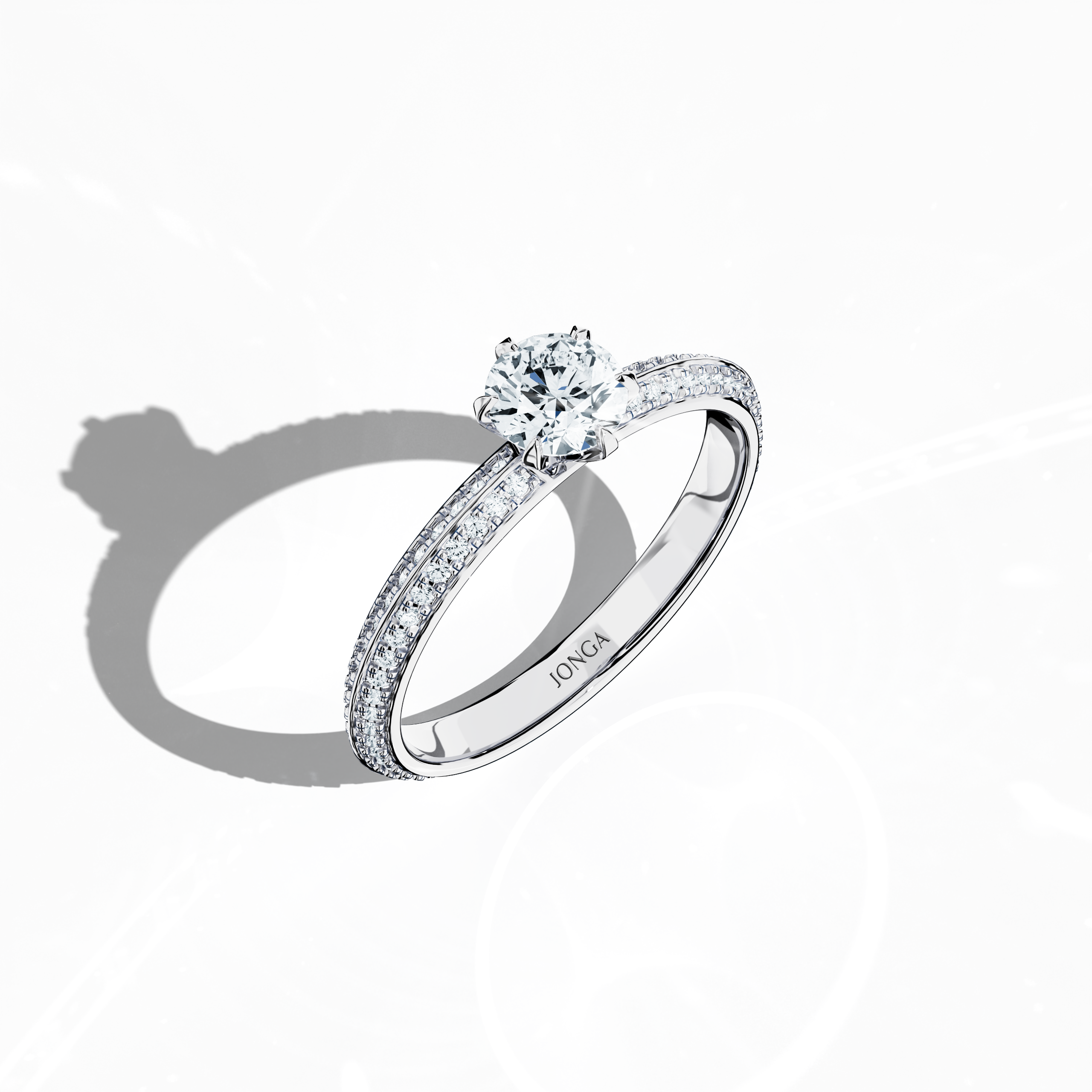 Modern 0.90 карат solitaire paved ring featuring a 0.50 карат center diamond and 0.40 карат pavé side stones, set in bright белое золото with a dual‑tier, step‑designed band and a striking central line. Captured from a front top side angle, this fine Украшения/fine Ювелирные изделия ring emphasizes its refined pavé setting and clean, silvery finish.