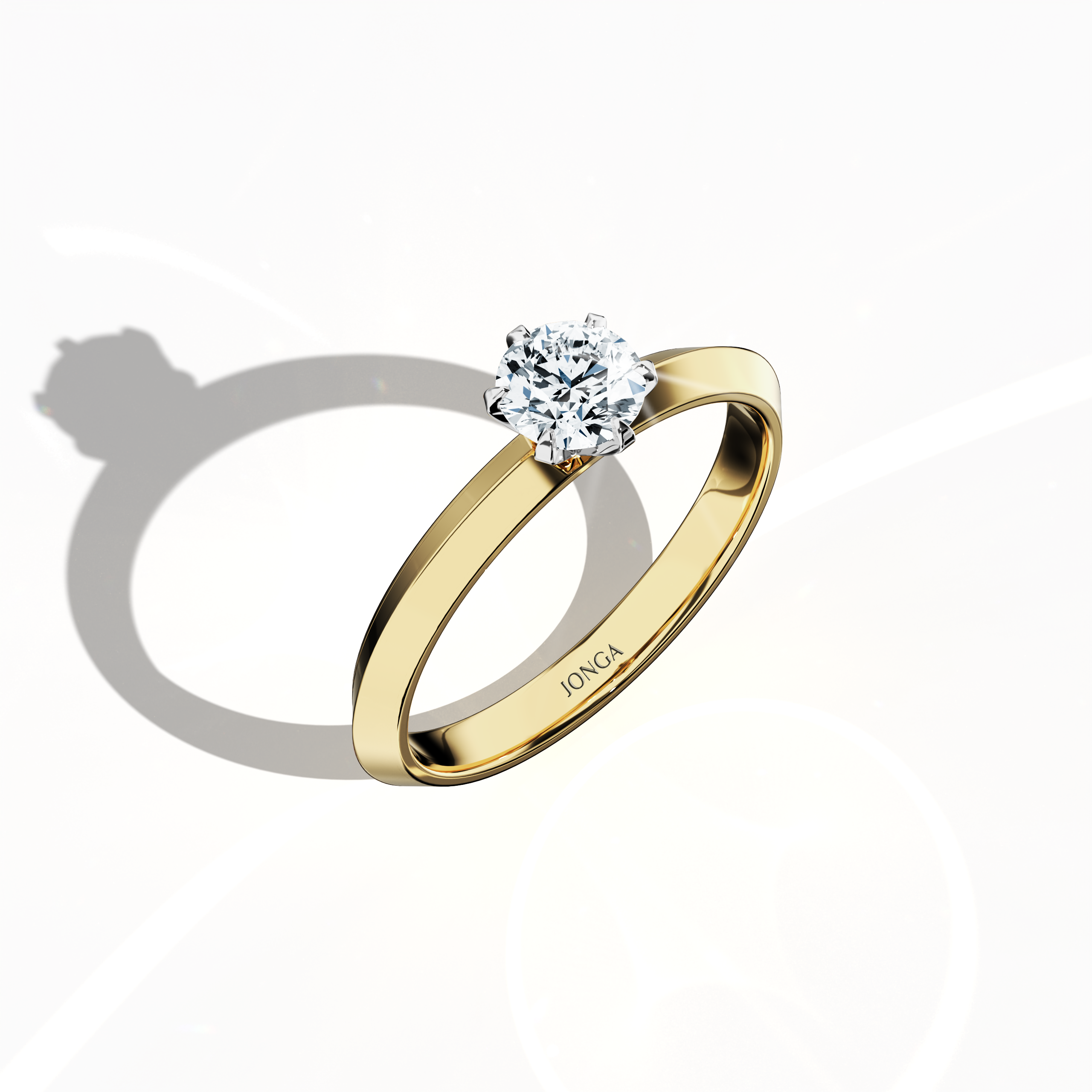 Refined solitaire ring with a 0.50ct diamond in a six-baby claw prong setting and a dual-tier band with a sharp midline, showcased from a front top side angle in a rich жёлтое золото band (classic gold). This striking fine Украшения/fine Ювелирные изделия piece highlights intricate details and a warm, luminous finish.