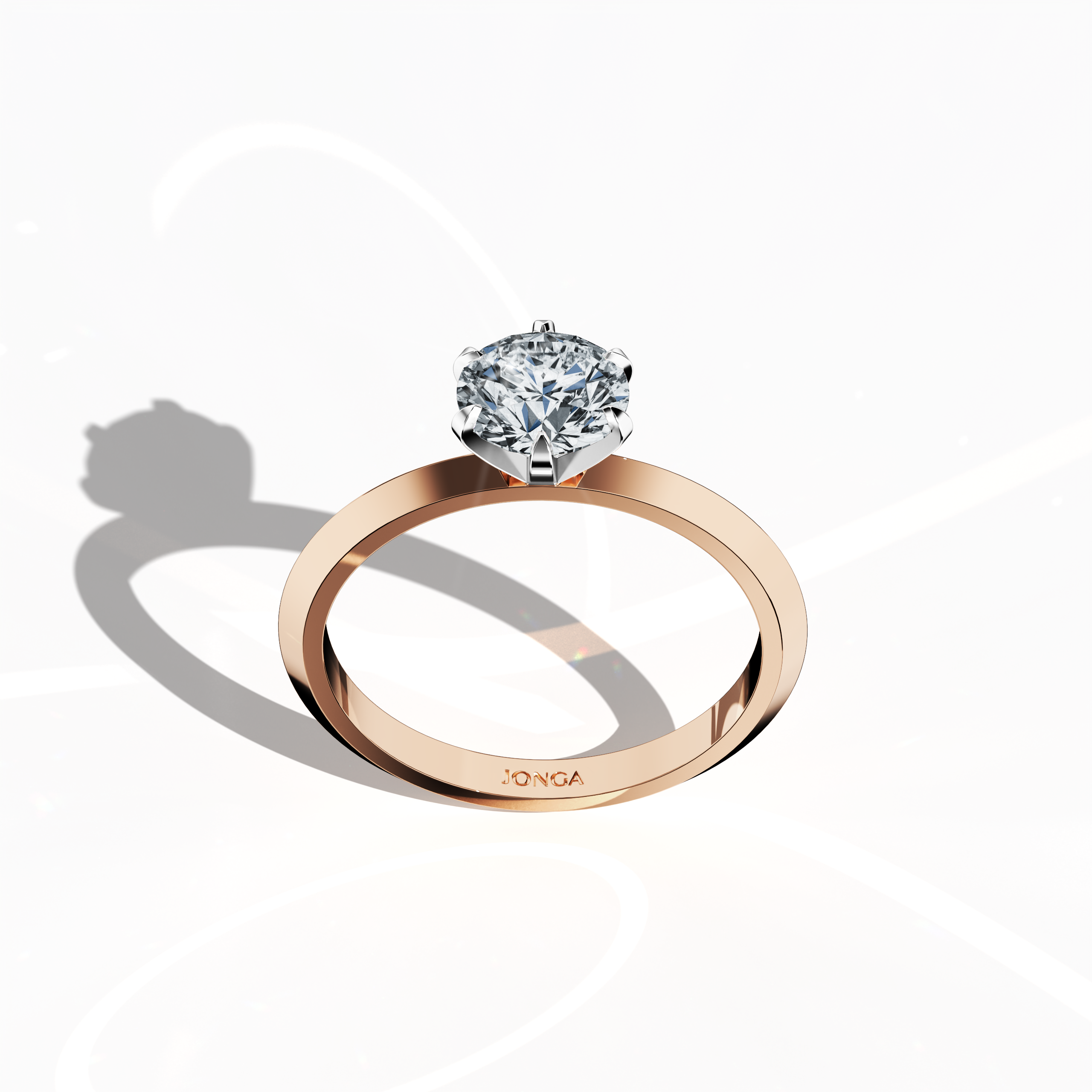 Refined solitaire ring with a 1 carat diamond in a six-baby claw prong setting and a dual-tier band featuring a sharp midline, set in a soft розовое золото band (pink/blush gold). Captured from a front top view, this fine Украшения/fine Ювелирные изделия piece highlights its elegant structure and luminous center stone.