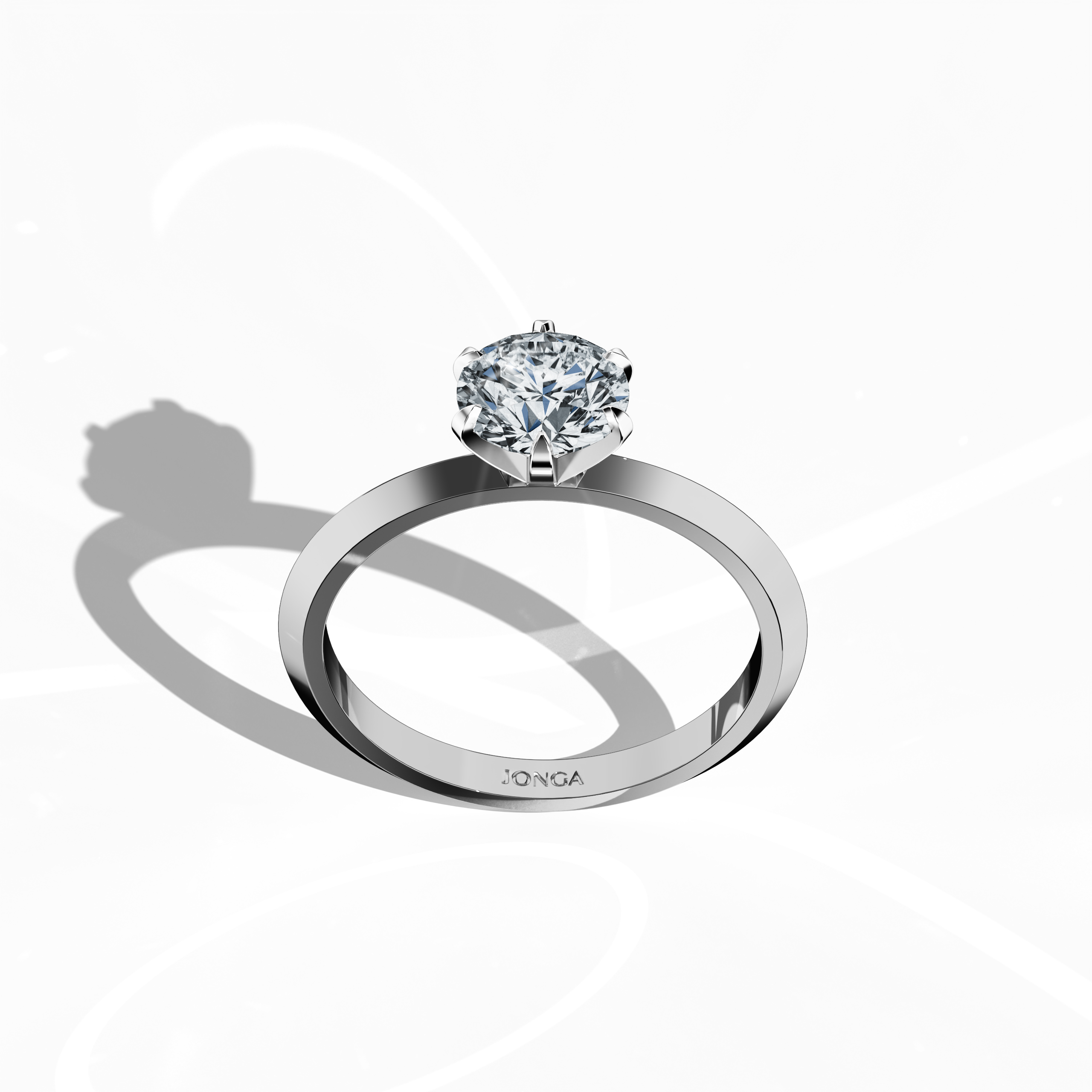 Striking 2 carat diamond solitaire ring in a six-baby claw prong setting with a modern two-step band featuring a defined central line, set in a luminous белое золото band. Photographed from a standing front top view, this fine Украшения/fine Ювелирные изделия ring emphasizes its exceptional diamond fire and contemporary design.