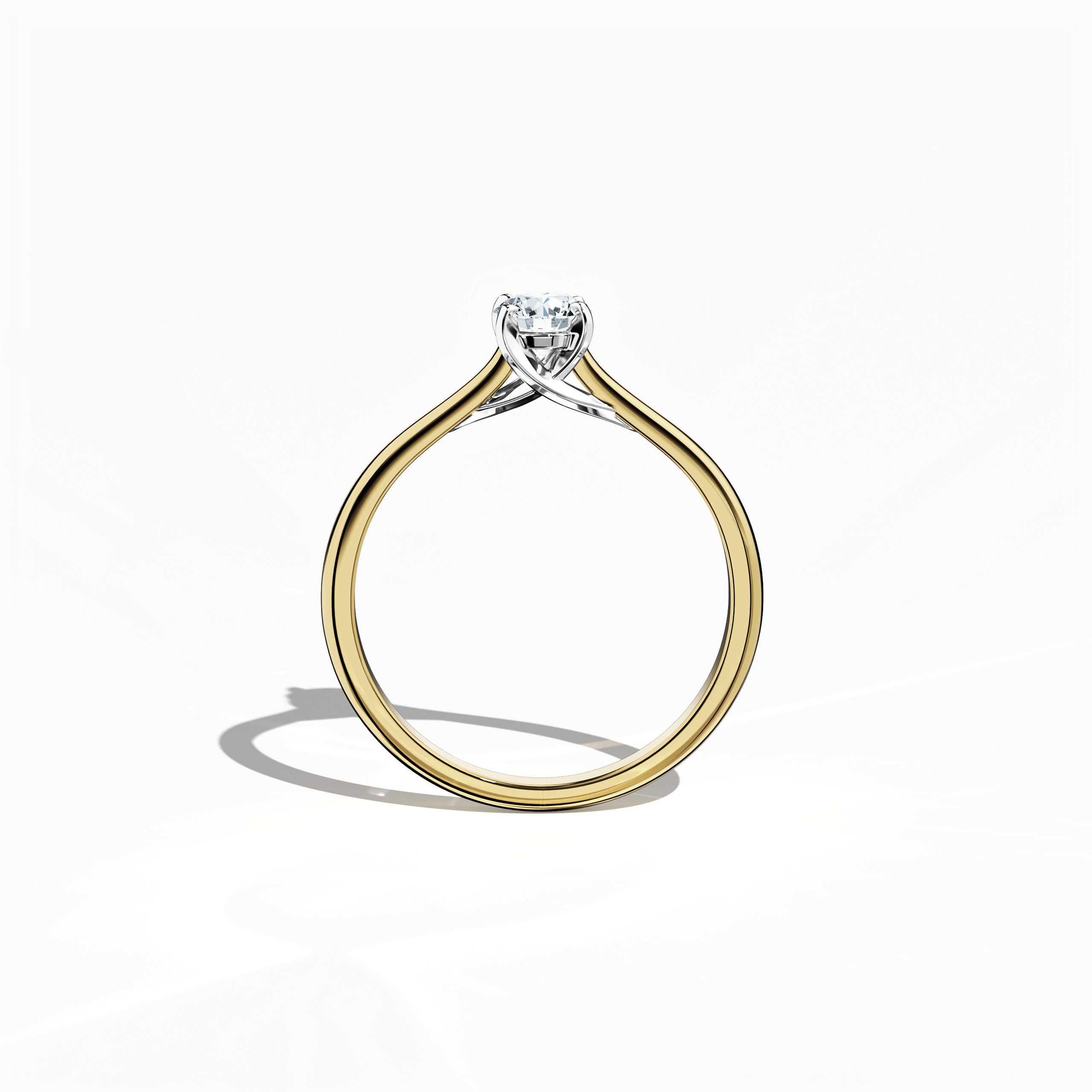 Refined solitaire diamond ring with a 0.30  карат center stone in a unique twisted bottom setting, supported by four‑tap белое золото prongs and paired with a rich жёлтое золото band (classic/warm жёлтое золото). Shown from a standing front view, this fine Украшения/fine Ювелирные изделия ring exhibits a robust, radiant design and timeless appeal.