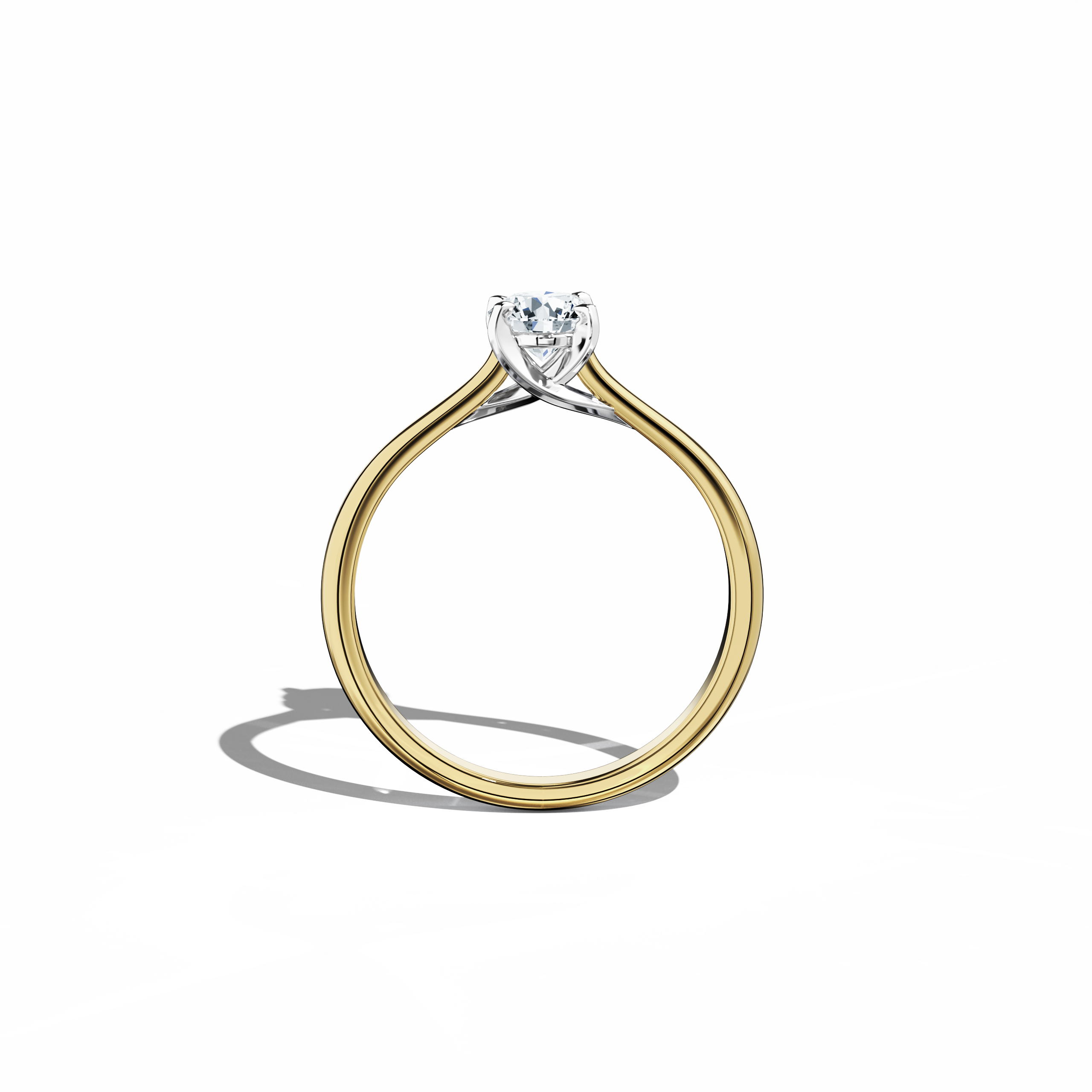 Refined solitaire diamond ring with a 0.50  карат center stone in a unique twisted bottom setting, secured by four‑tap prongs in белое золото and paired with a rich жёлтое золото band (classic/warm жёлтое золото). Shown from a standing front view, this fine Украшения/fine Ювелирные изделия ring exhibits a balanced silhouette and a vibrant, warm glow.