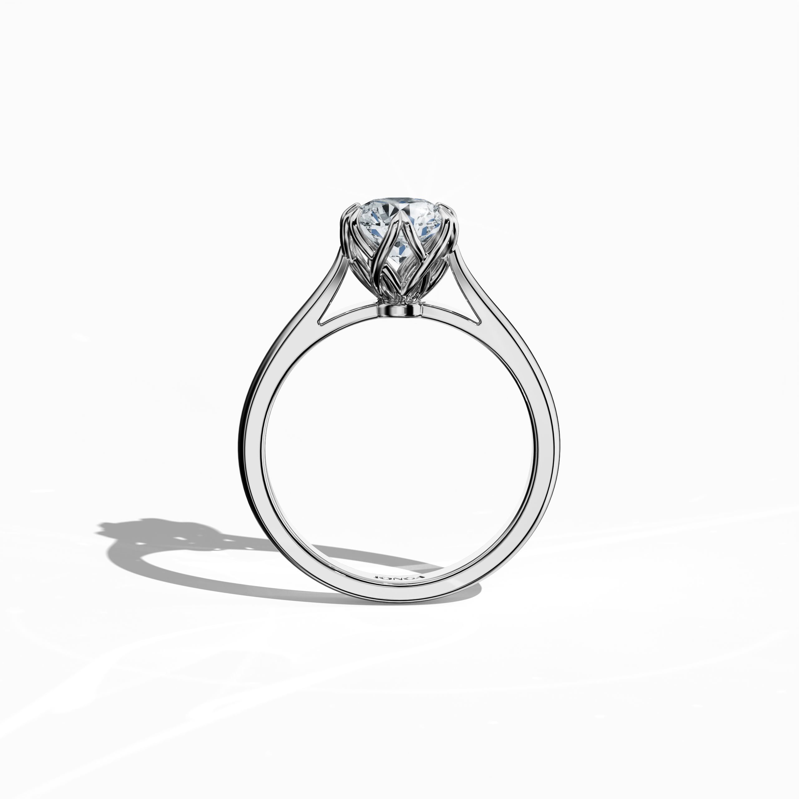 Refined 1‑carat lotus solitaire diamond ring featuring a 1‑carat center stone in a lotus‑inspired setting with six matching prongs and a uniquely twisted band, crafted entirely in silvery белое золото. Shown in a standing front view, this fine Украшения/fine Ювелирные изделия ring exhibits a balanced silhouette and a striking, modern design.