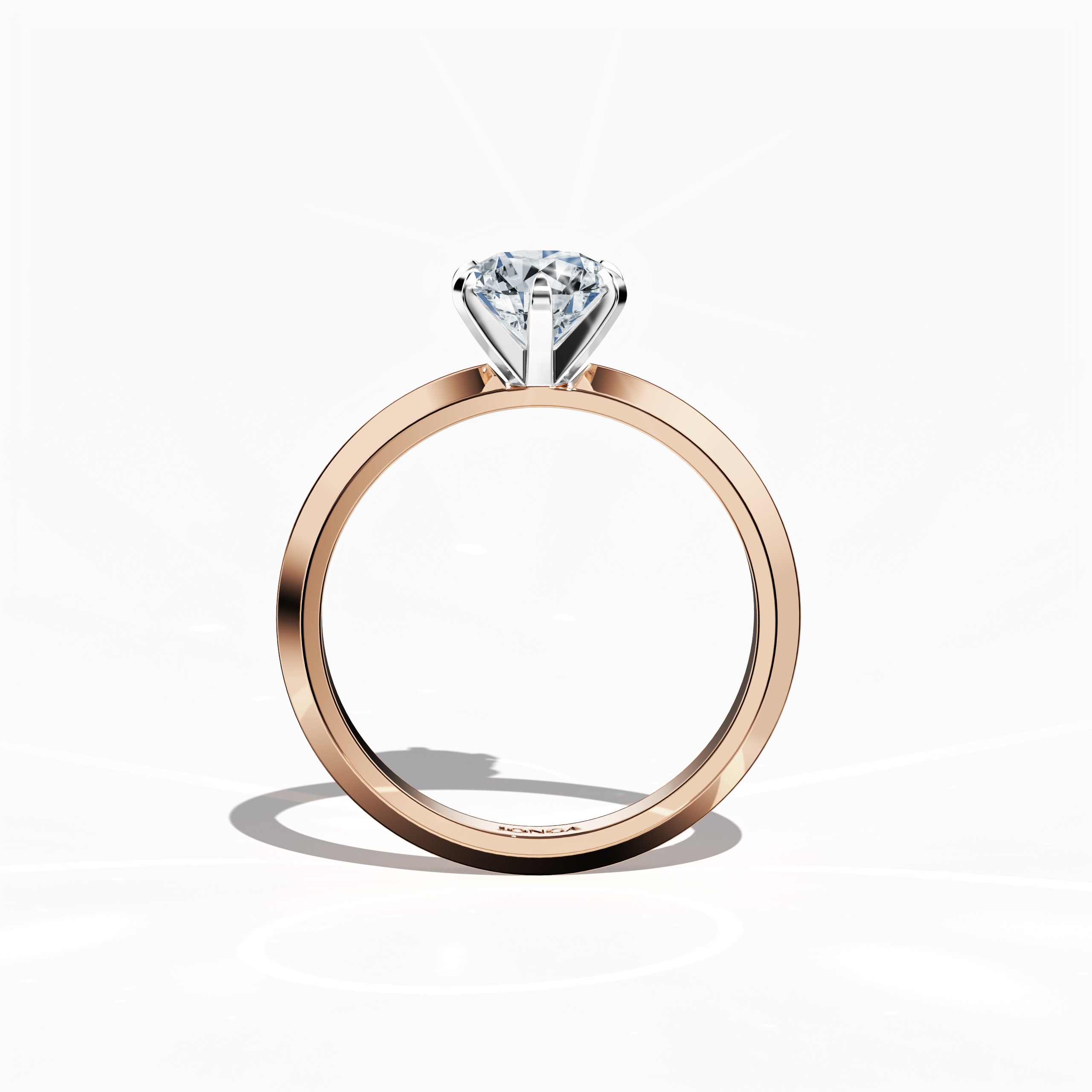 Classic solitaire diamond ring with a 1 carat center diamond in a six-baby claw prong setting and a two-step band with a crisp central line, rendered in a soft розовое золото band (blush/pink gold). Shown in a front view, this fine Украшения/fine Ювелирные изделия accessory showcases its sleek design and warm, romantic hue.