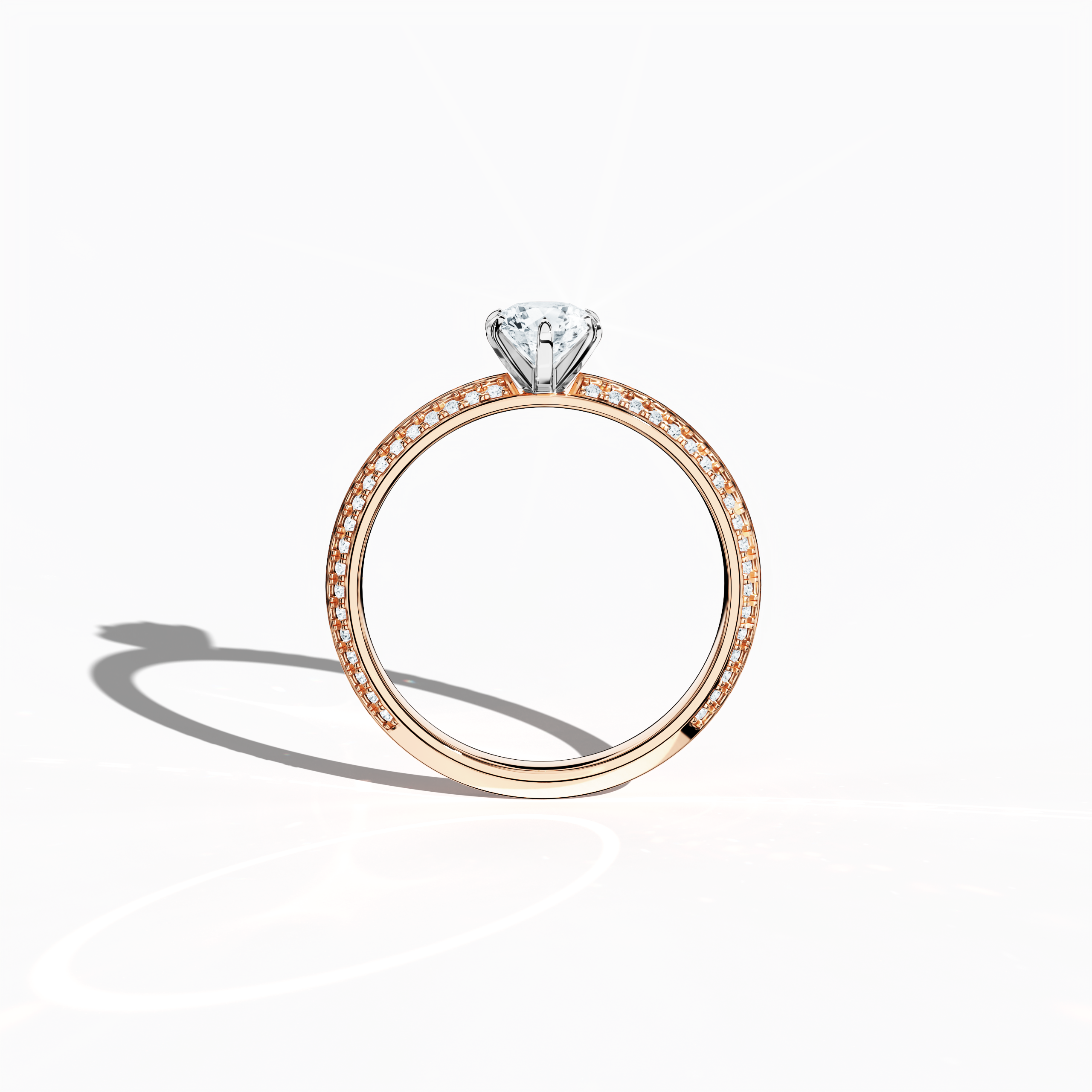 Classic solitaire diamond ring with 0.90 карат total carats – 0.50 карат center diamond and 0.40 карат pavé side stones – set in soft розовое золото (blush/pink gold) with a distinctive two‑step band featuring a crisp central line. Displayed in a front view, this fine Украшения/fine Ювелирные изделия ring offers timeless charm and contemporary sophistication.