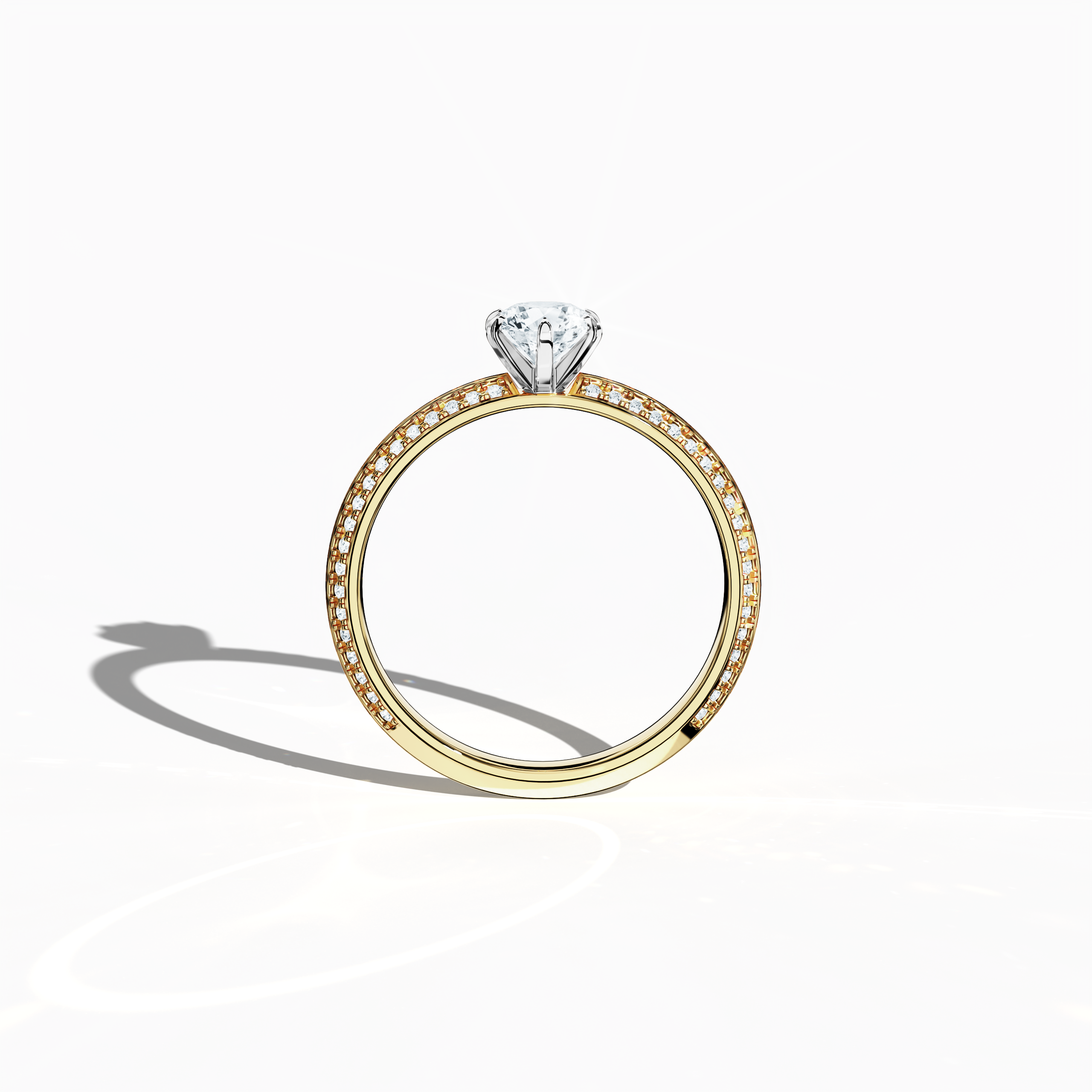 Classic solitaire diamond ring with a total of 0.90 карат diamonds – 0.50 карат center and 0.40 карат pavé side stones – set in a rich жёлтое золото band with a distinctive two‑step band design and a crisp central line. Displayed in a front view, this fine Украшения/fine Ювелирные изделия ring exudes timeless luxury and warm sophistication.