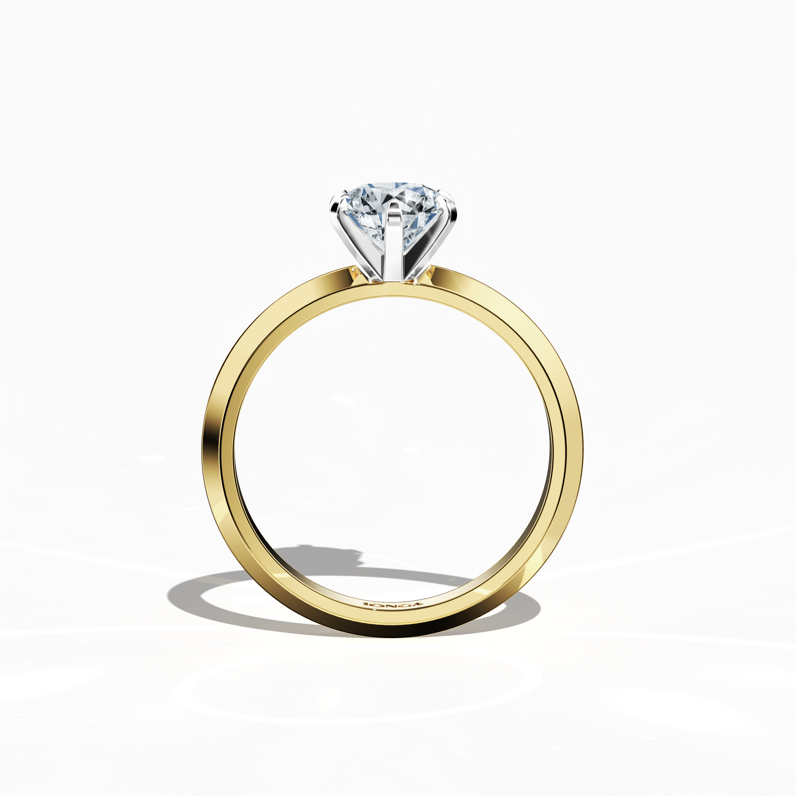Classic 2 carat diamond solitaire ring in a six-baby claw prong setting with a striking two-step band marked by a sharp central line, rendered in a rich жёлтое золото band. Shown in a clear front view, this fine Украшения/fine Ювелирные изделия ring offers timeless luxury and warm sophistication.