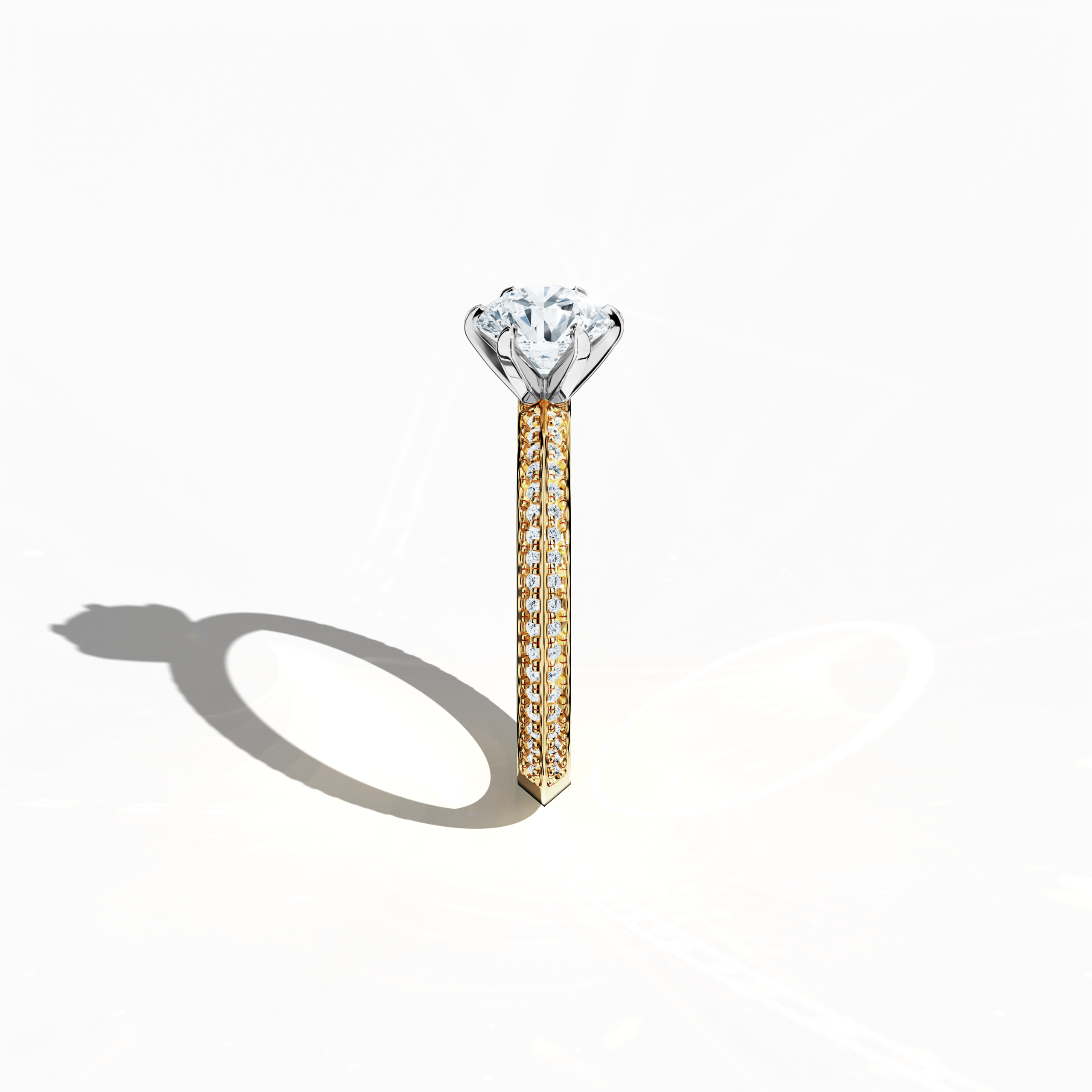 Refined solitaire paved ring with 1.40 карат diamonds – a 1 карат center stone and 0.40 карат pavé side stones – set in rich жёлтое золото with a two‑step band featuring a sharp central accent. Photographed from a standing side view, this fine Украшения/fine Ювелирные изделия ring showcases elegant contours and vibrant, warm allure.