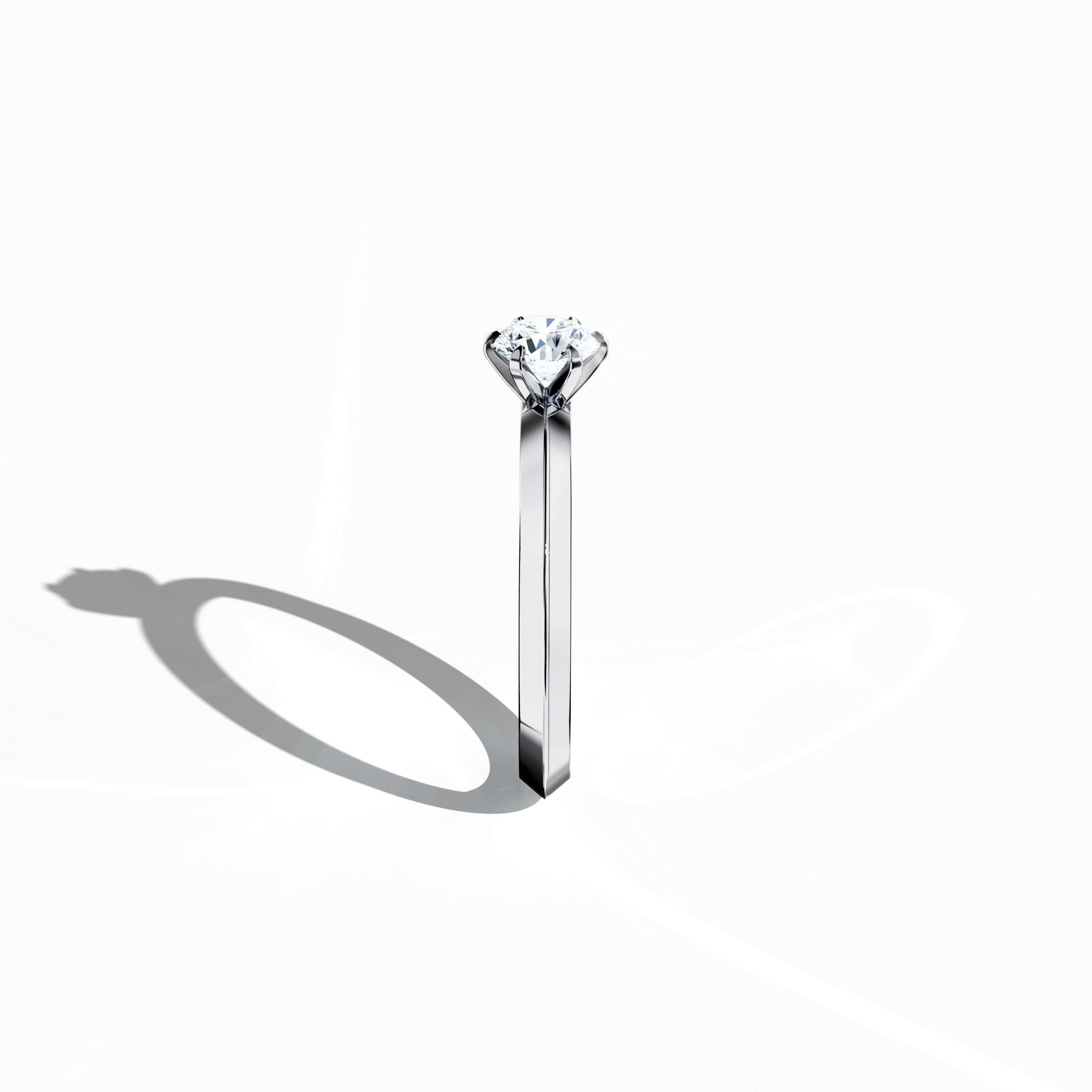 Elegant solitaire diamond ring with a 0.50ct center diamond in a six-baby claw prong setting and a dual-level band with a sharp midline, set in a bright белое золото band. Captured from a standing side view, this refined fine Украшения/fine Ювелирные изделия piece showcases its graceful contours and prong detailing.