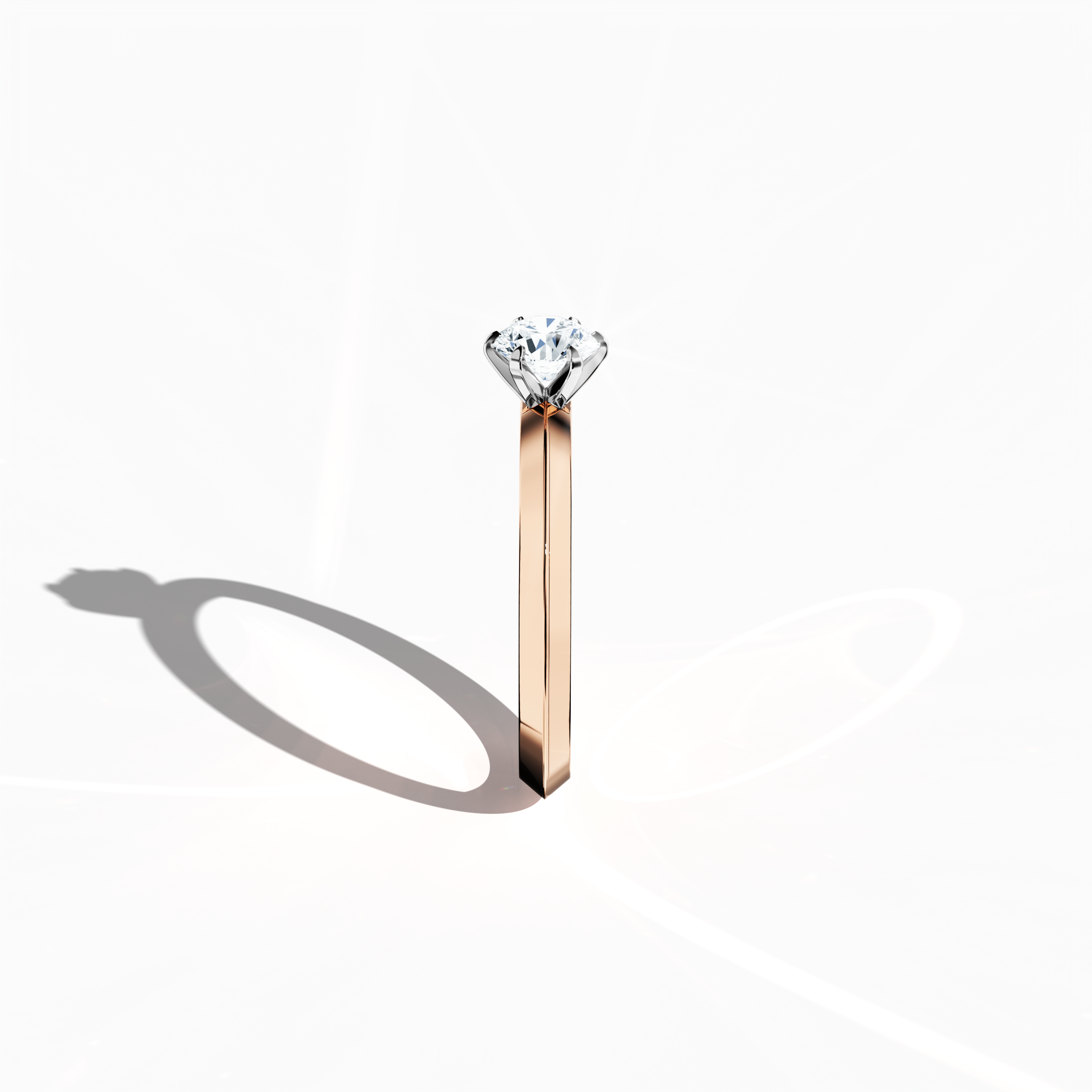 Solitaire diamond ring with a 0.50ct center stone in a six-baby claw prong setting and a dual-level band with a sharp central line, set in a soft розовое золото band (blush/pink gold). Photographed from a standing side view, this elegant fine Украшения/fine Ювелирные изделия piece accentuates its graceful contours and intricate detailing.
