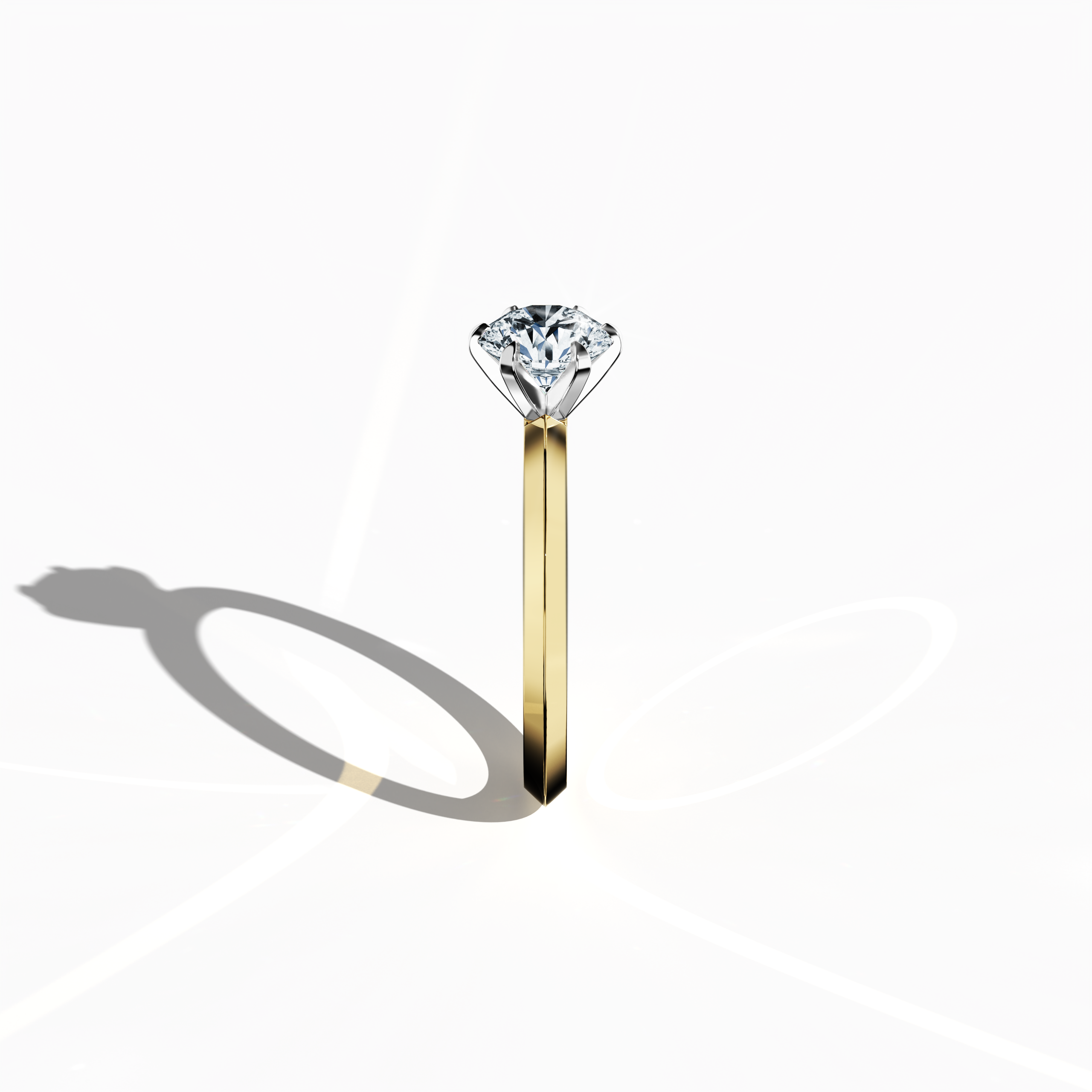 Solitaire diamond ring with a 1 carat center stone in a six-baby claw prong setting and a dual-level band with a sharp central line, presented in a rich жёлтое золото band (classic gold). Photographed from a standing side view, it emphasizes the ring’s elegant contours and sophisticated design as a premium fine Украшения/fine Ювелирные изделия piece.