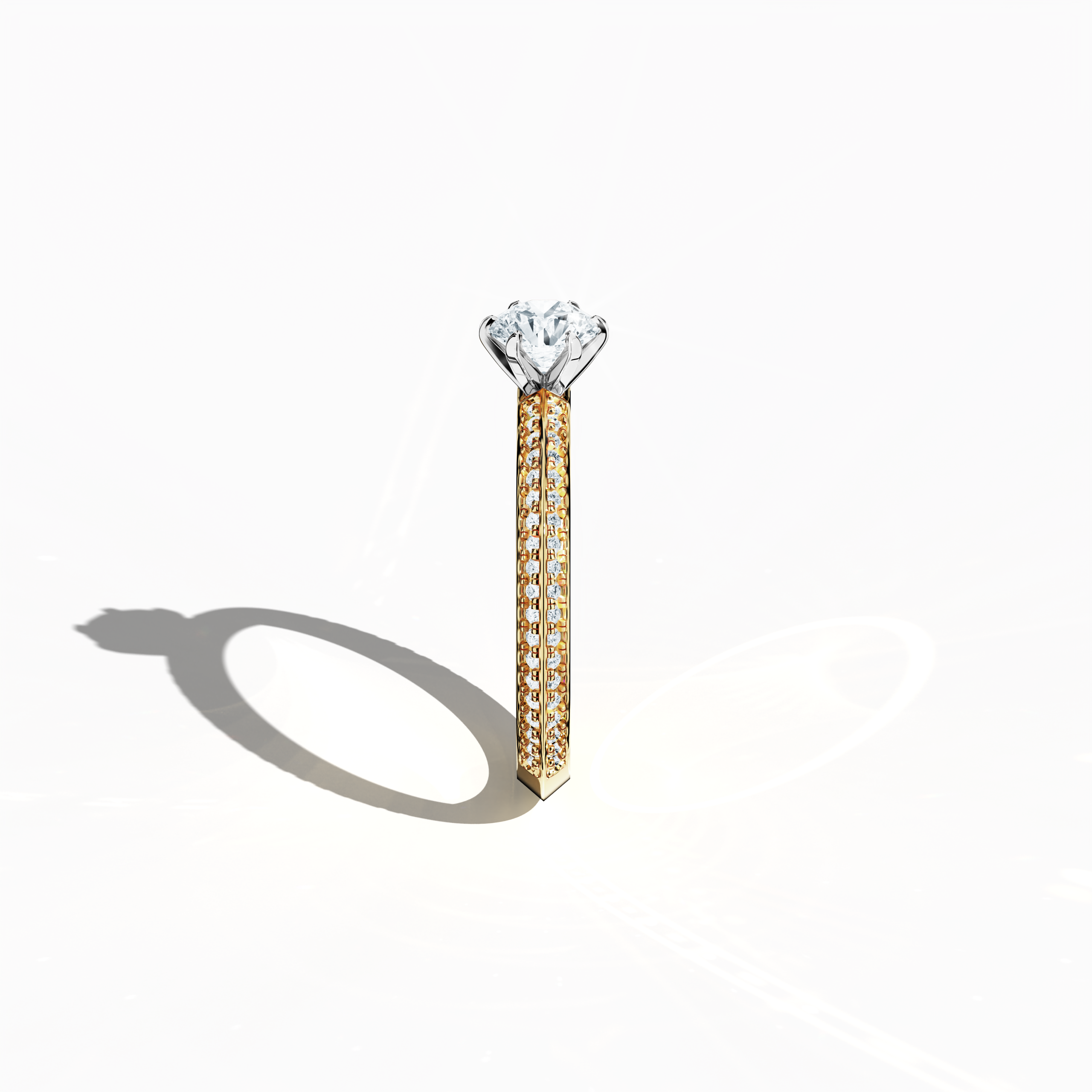 Refined solitaire paved ring with 0.90 карат total diamonds, featuring a 0.50 карат center stone and 0.40 карат pavé side stones, set in a rich жёлтое золото band with a two‑step band design and a sharp central accent. Photographed from a standing side view, this fine Украшения/fine Ювелирные изделия ring showcases elegant contours and a vibrant, warm finish.
